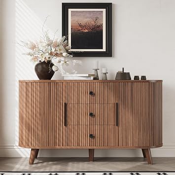 47" Sideboard Buffet Cabinet with Storage, Fluted Storage Cabinet with Tambour Sliding Doors and Adjustable Shelves, Console Table with 3 Drawers, Modern Accent Coffee Bar for Kitchen, Walnut