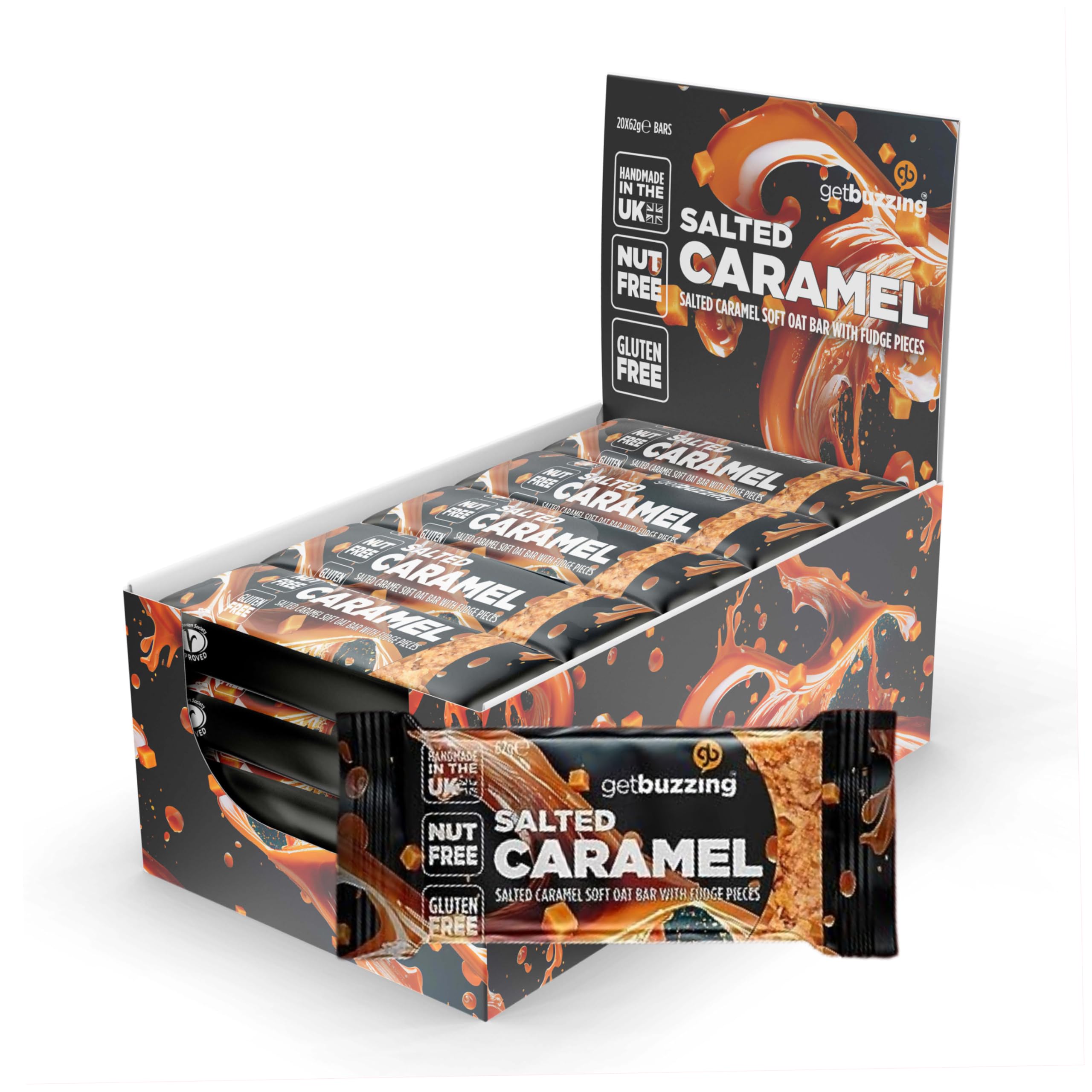 Getbuzzing Nut Free Oat Flapjack Healthy Snack & Energy Bars - Running,Gym, Cycling - Breakfast Snack - Made in The UK - Salted Caramel Pack of 20 x 62g Bars