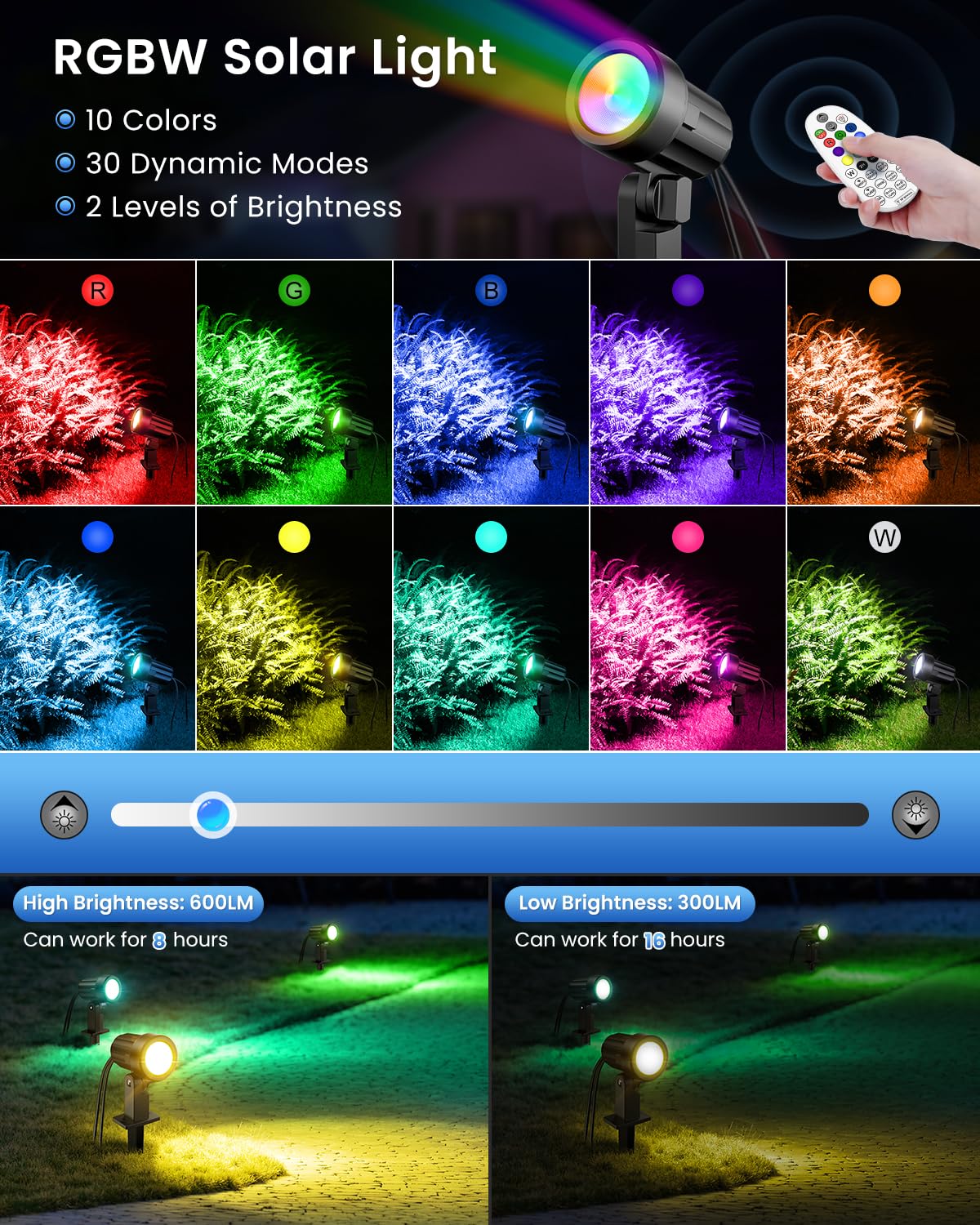 MEIHUA Faretti Solari Esterno RGB IP66 Impermeabile 10 Colori 30 Modalità Dinamica 2 Luminosità Timer Lampade Solari da Giardino Faretto Esterno per Cortile, Patio, Piscina, Alberi 4 Pezz