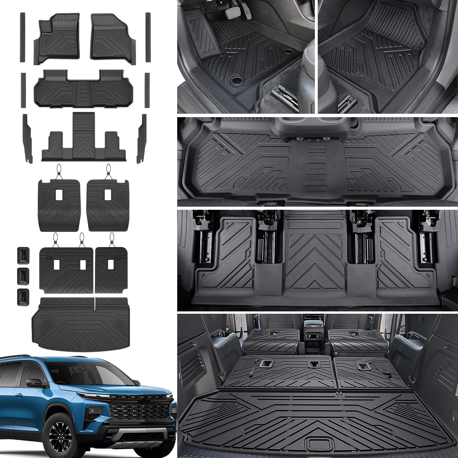Floor Mats Set for 2024 2025 2026 Chevy Traverse & 2025 2026 Buick Enclave 7 Seats Captain Chairs, TPE All Weather Cargo Liner Trunk Mat Door Sill Guards Car Accessories