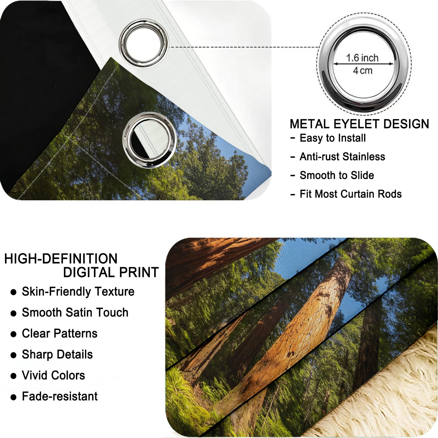 Tenda Divisoria Interna 3D Sequoia Gigante 140 x 200cm | Pannello Oscurante e Termico per Porta e Finestra Foresta Tropicale, con Occhielli per Camera, Soggiorno e Armadio