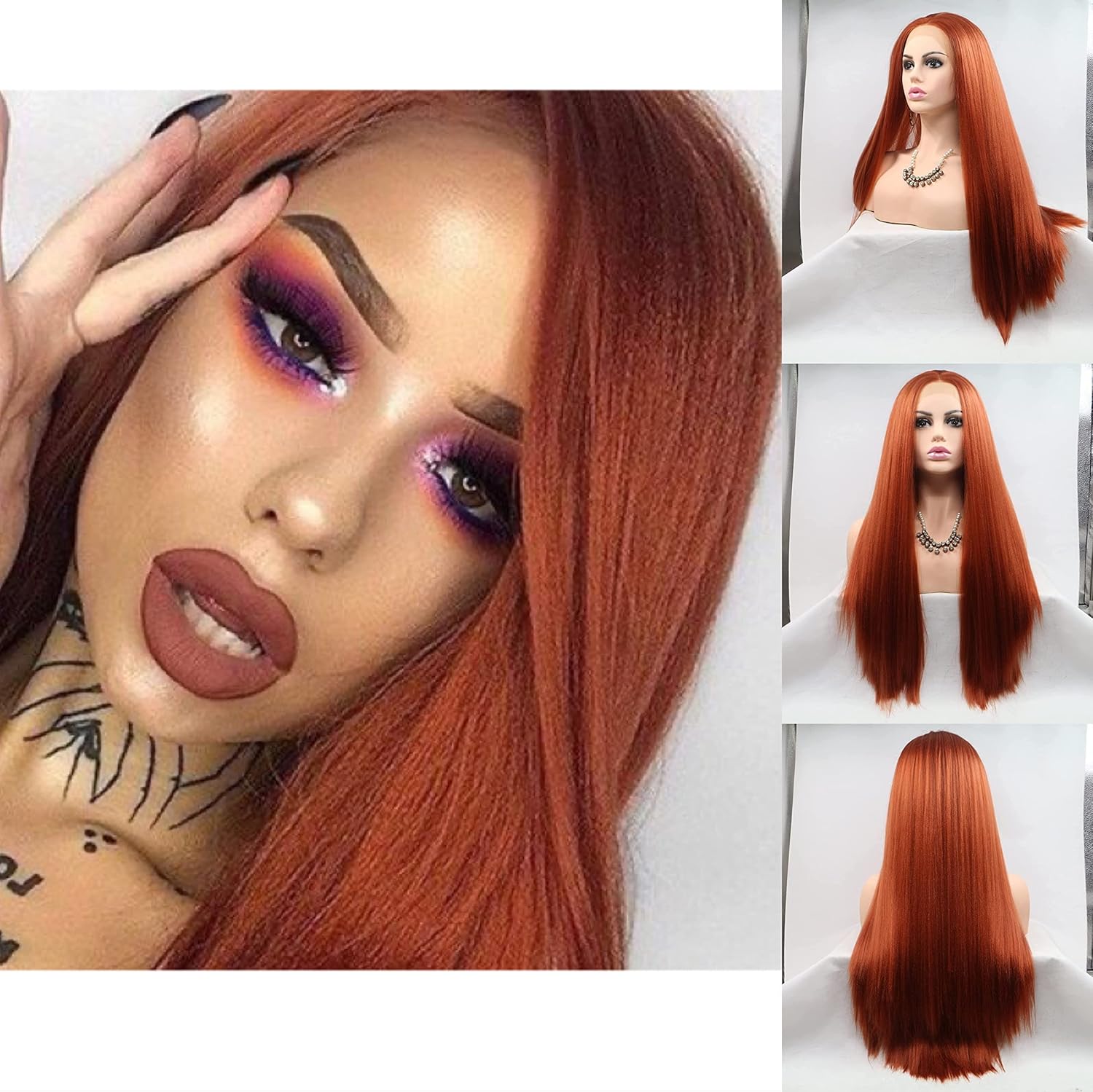 Copper Red Yaki Straight Lace Front Synthetic Wigs Natrual Looking Flawless Hairline Wigs for Women 24 Inch