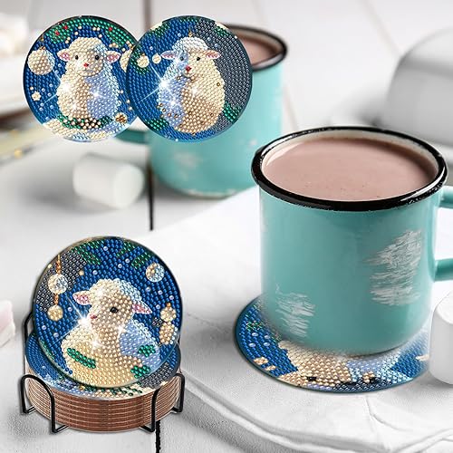 Miniatura 5 de 8 posavasos de pintura de diamantes de alpaca de invierno con soporte para bricolaje, lindos posavasos de arte de alpaca de invierno con diamantes