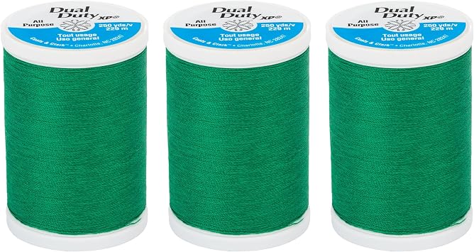 Coats & Clark Dual Duty XP All Purpose Sewing Thread for Sewing Machines, 100% Polyester High Quality Thread Spools for Hand Stitching, Medium Weight 35wt, 250 Yards, 3-Pack, Kerry Green