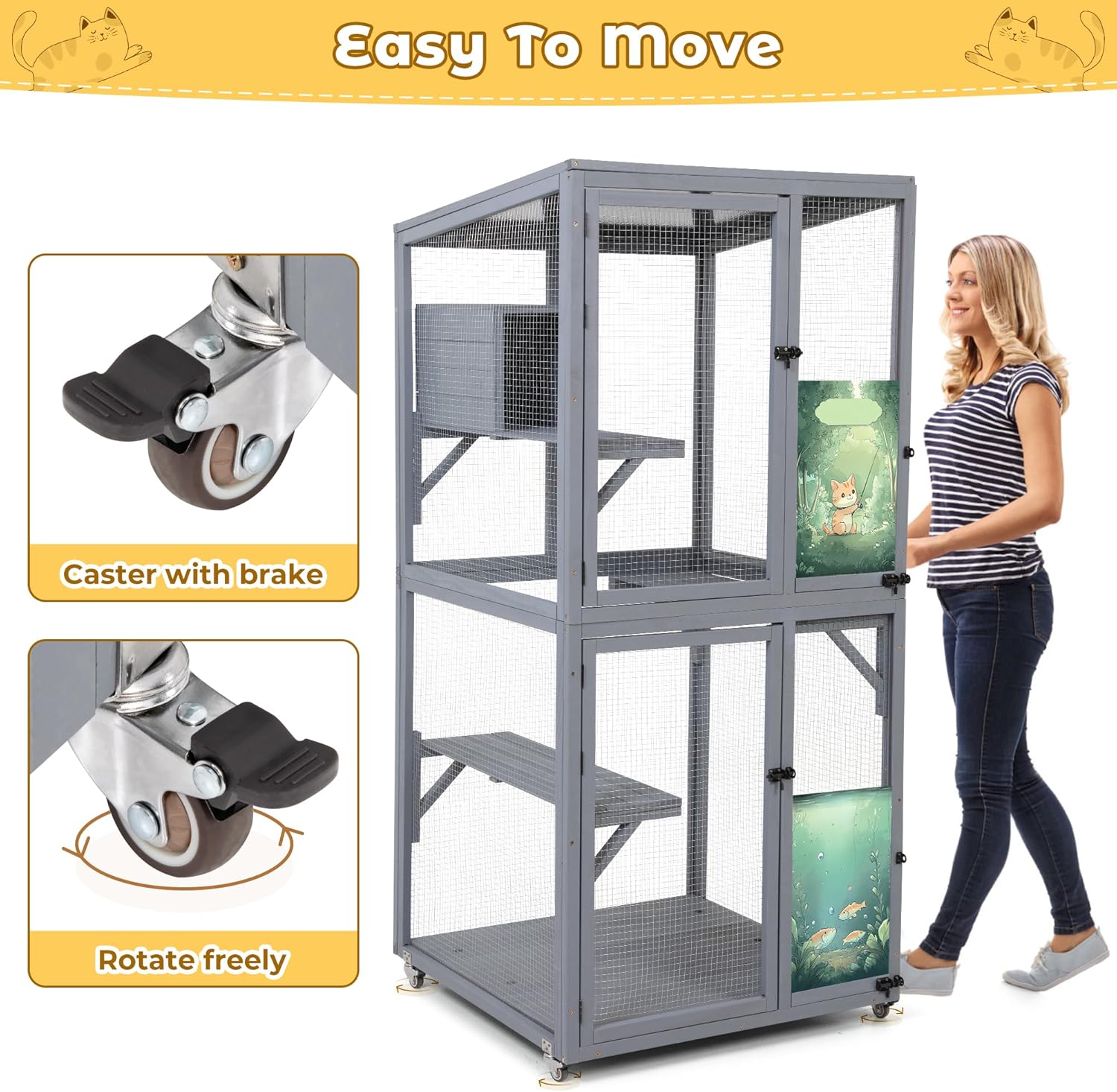 COZIWOW Large Catio Outdoor Cat Enclosure Window Access, Outdoor Cat House with Wheels, Cage for Cats Indoor (Grey, Extra Large)