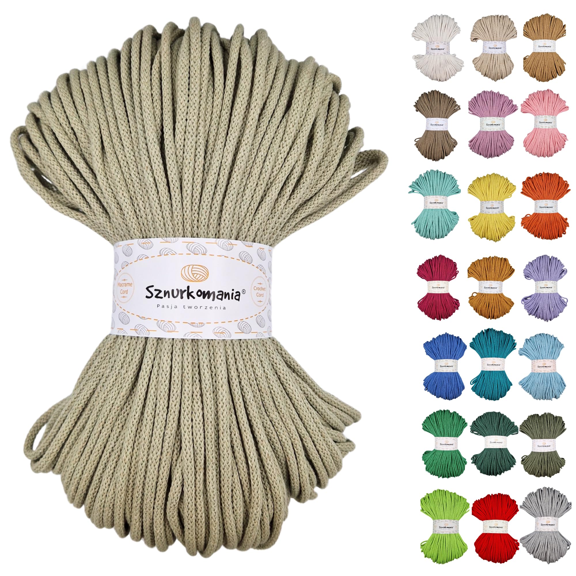 Sznurkomania Light Olive Braided Cotton Cord 5Mm 100M, 46 Colors, Crochet Cord, Macrame Cord, Macrame Yarn, Premium Yarn, Macrame Rope, (Light Olive)