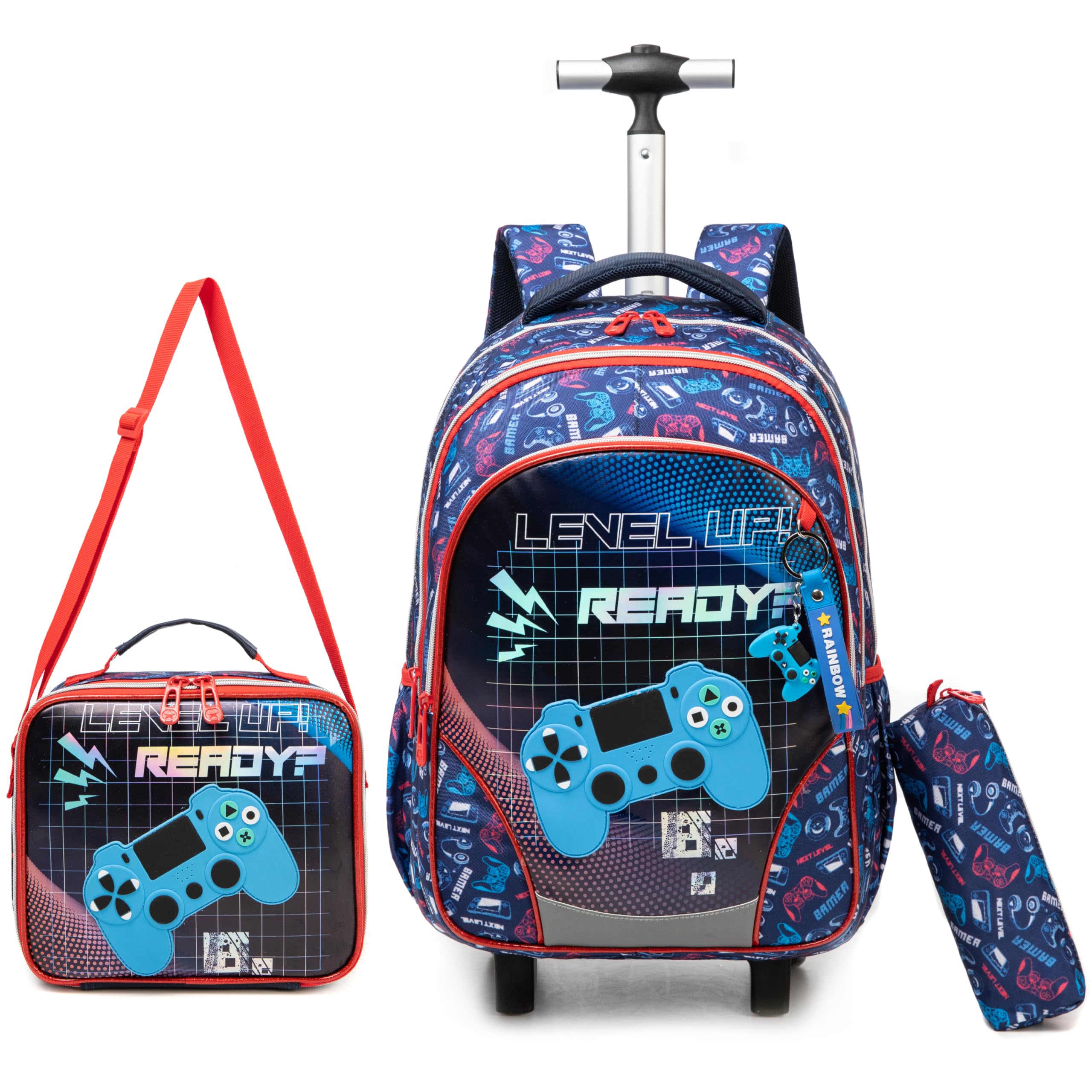 Egchescebo Kids Gamepad Rolling Backpack for Boys Suitcases Trolley Backpacks with Wheels Roller Luggage Backpacks on Wheels with Lunch Box Pencil