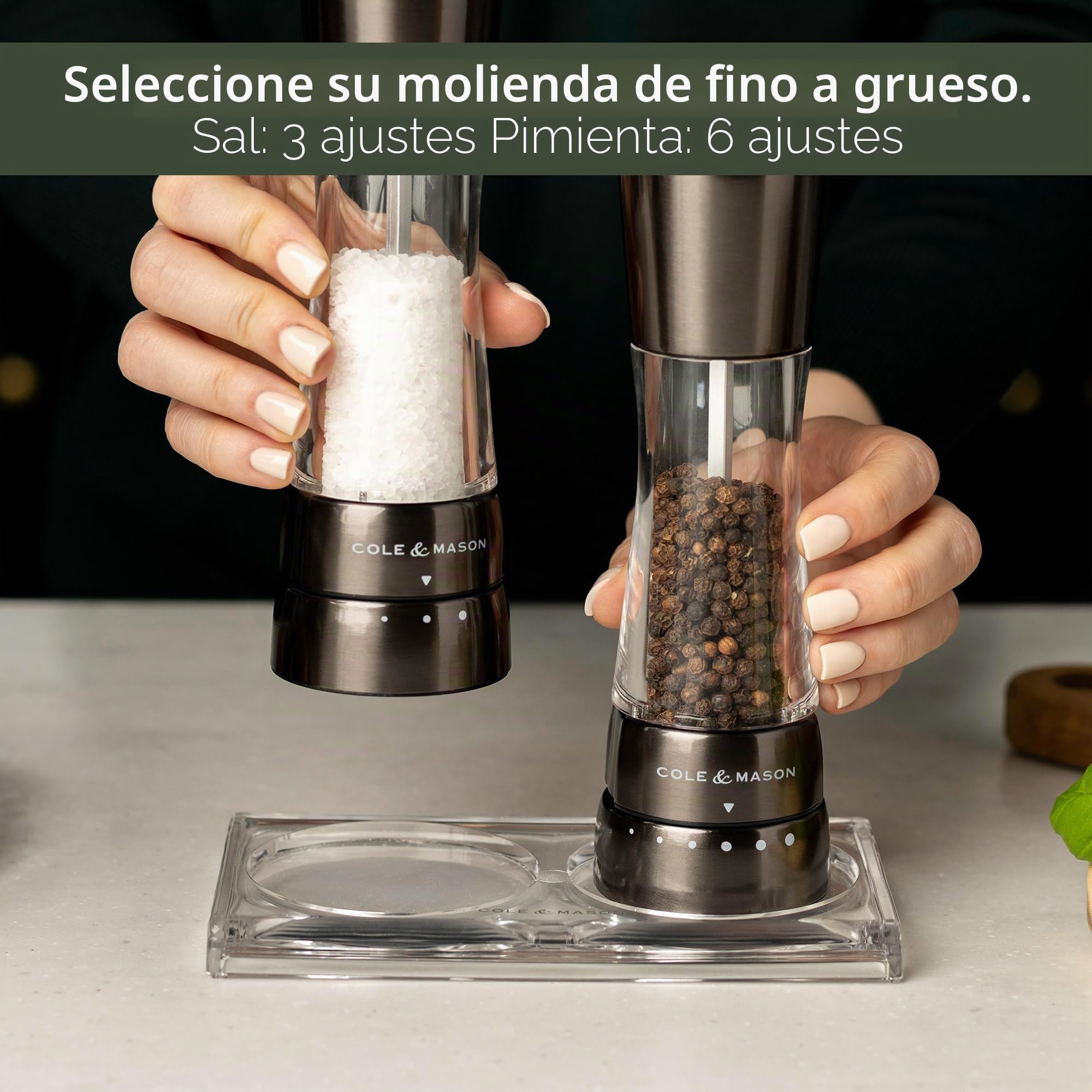 Cole & Mason Derwent Gunmetal Molinillos de Sal y Pimienta, Molinillo Especias, Juego de Molinillos con Grosor Ajustable, Acero Inoxidable/Acrílico, 190mm, H59428G