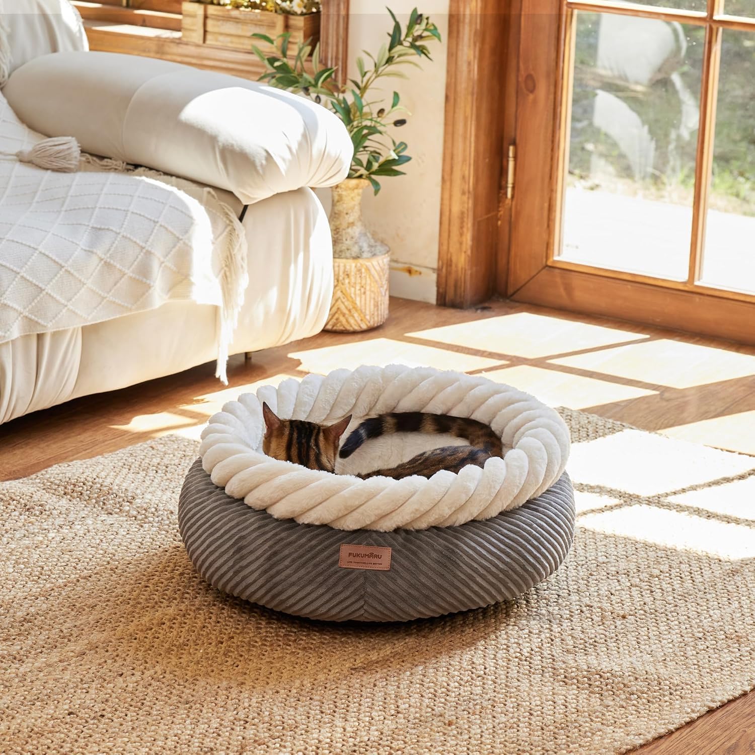 FUKUMARU Cama para Gatos Lavable, Cesta para Gatos con Borde Elevado, 55 x 55 x 21 cm, Cama Suave de Pana, Base Antideslizante, Grande, Gris