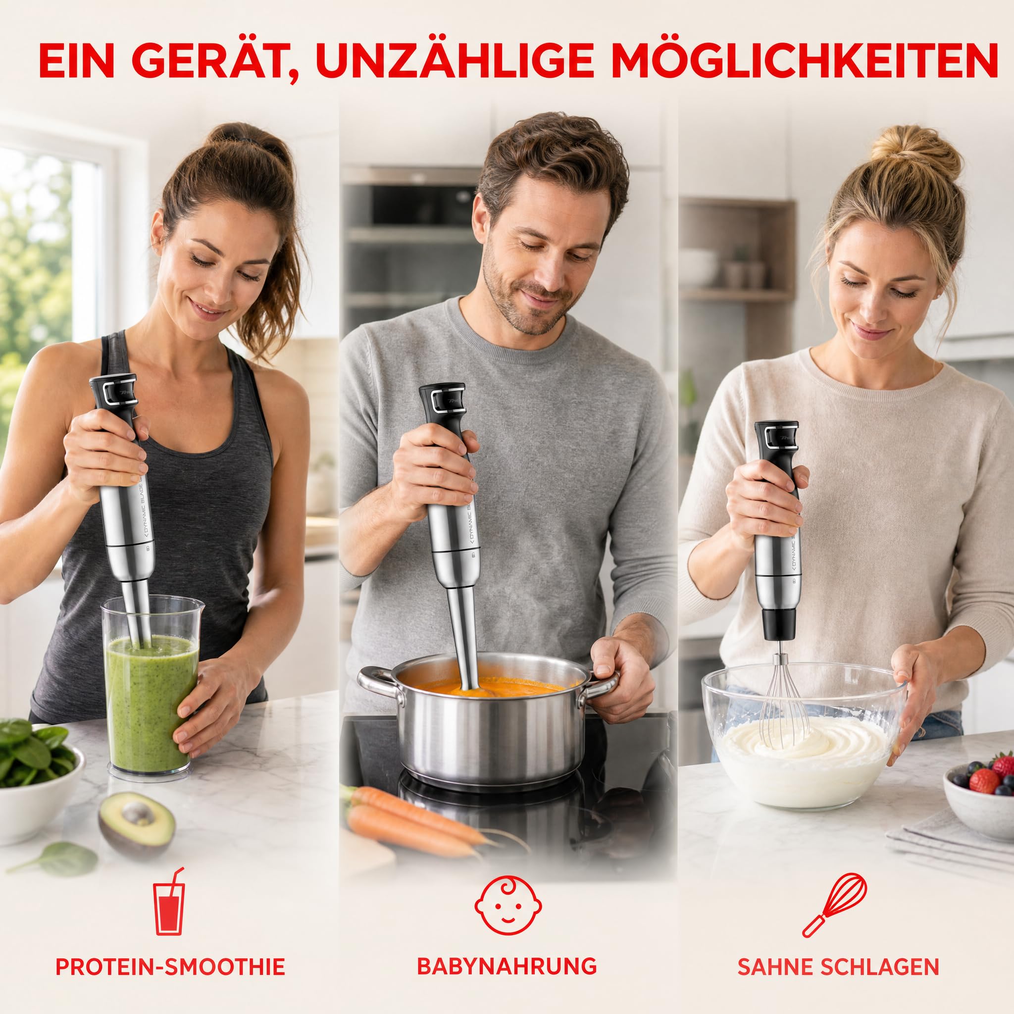 Trisa Batidora de inmersión, 4 en 1 batidora eléctrica, 1500 W, velocidades continuas, acero inoxidable, batidor, trituradora de 500 ml y vaso medidor de 700 ml para alimentos para bebés