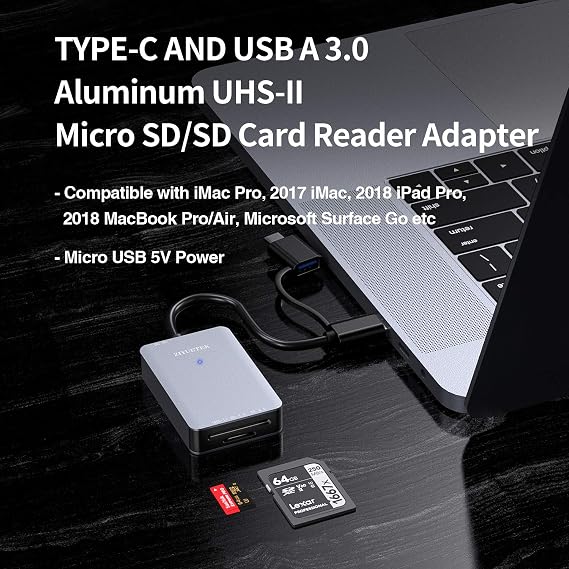USB Tip C SD Kart Okuyucu, UHS-II V90/V60/V30/2000X/1667X/1000X, iPad Pro 2018 ile Uyumlu, Aynı Anda 2 Kartı Destekler, 500MB/s Maksimum Hız, Gri