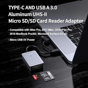 USB Tip C SD Kart Okuyucu, UHS-II V90/V60/V30/2000X/1667X/1000X, iPad Pro 2018 ile Uyumlu, Aynı Anda 2 Kartı Destekler, 500MB/s Maksimum Hız, Gri