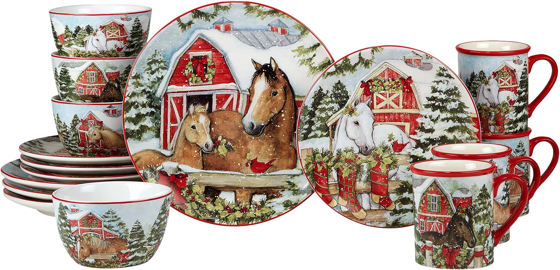 Homestead Christmas 16-Piece Dinnerware Set – Holiday Tableware for 4 with Festive Horse & Barn Scenes – Winter Ceramic Plates, Bowls & Mugs – Farmhouse Country Christmas Décor