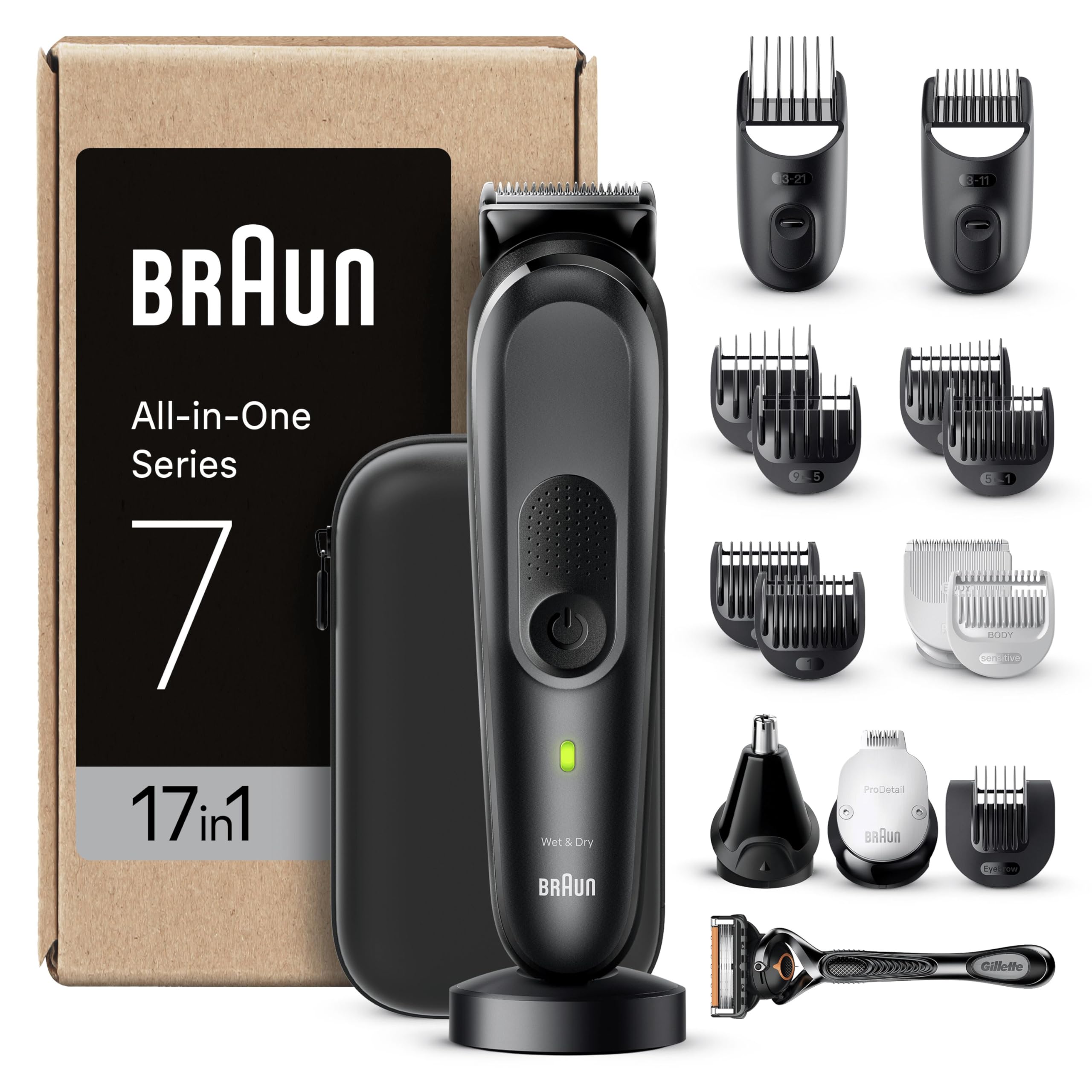 Braun Tondeuse Tout-En-Un Series 7 MGK7470, 17-en-1, Kit Styling Pour Hommes, Barbe, Cheveux Et Plus, Rasage Du Corps Avec Une Lame Ultra Affutée, Sabots Pour Sourcils Et Zones Sensibles, Étanche