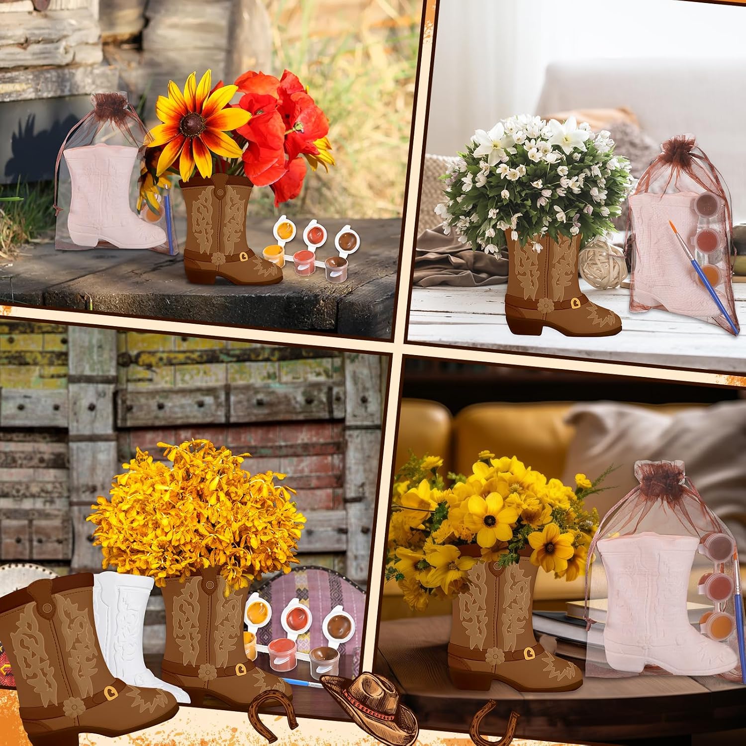 Seenelling 12 Set Cowboy Cowgirl Boot Vase Ceramics to Paint Ready to Paint Your Own Ceramic DIY Craft Unpainted Plaster Paintable Kit with Brush Palette for Bachelor Bachelorette Party(Cowboy)