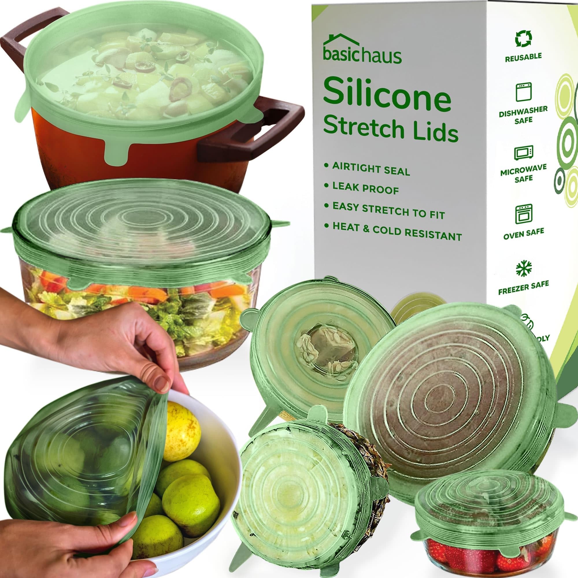 Reusable Silicone Stretch Lids for Food Storage in Fridge - Elastic Heat-Resistant Bowl Covers, Cups, Cans, Jars - Universal Food Grade Lid for Containers - 7 Pack - Light Green Stretchy Lid Set