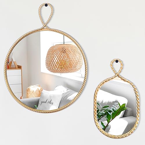 Cozdecor Decoración de pared bohemia de 12 pulgadas, espejo decorativo para decoración de pared con marco de metal dorado, decoración bohemia para