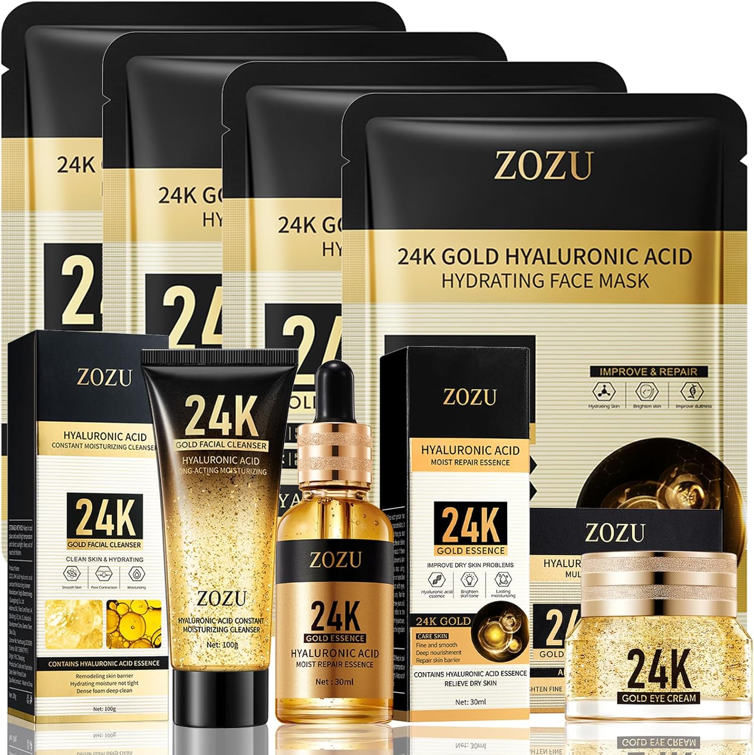 Skincare Set Skin Care for Teenage Girls, 24K Gold Hyaluronic Acid Pamper Gifts for Women, Facial Kit Hydrating, Anti-Wrinkle, Repair, Skin Care Sets & Kits-Cleanser-Face Serum-Eye Serum-Mask*4(7PCS)