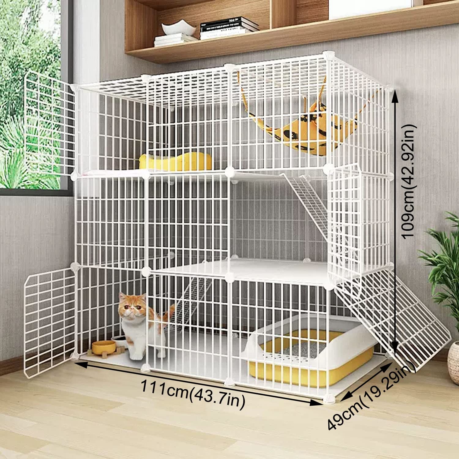 DIY-Katzenlaufstall für den Innenbereich, 3-stöckiger großer Katzenkäfig, Katzengehege, Lückenverschlüsselung, Katzennapf + Katzentoilette + Katzenstreuschaufel + Kletterleiter + Katzenstreu