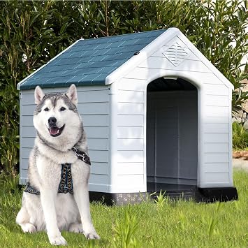 35 Inch Large Dog House - Waterproof Outdoor With Air Vents, Elevated Floor, Plastic Indoor, Weatherproof, Insulated XL for Outside