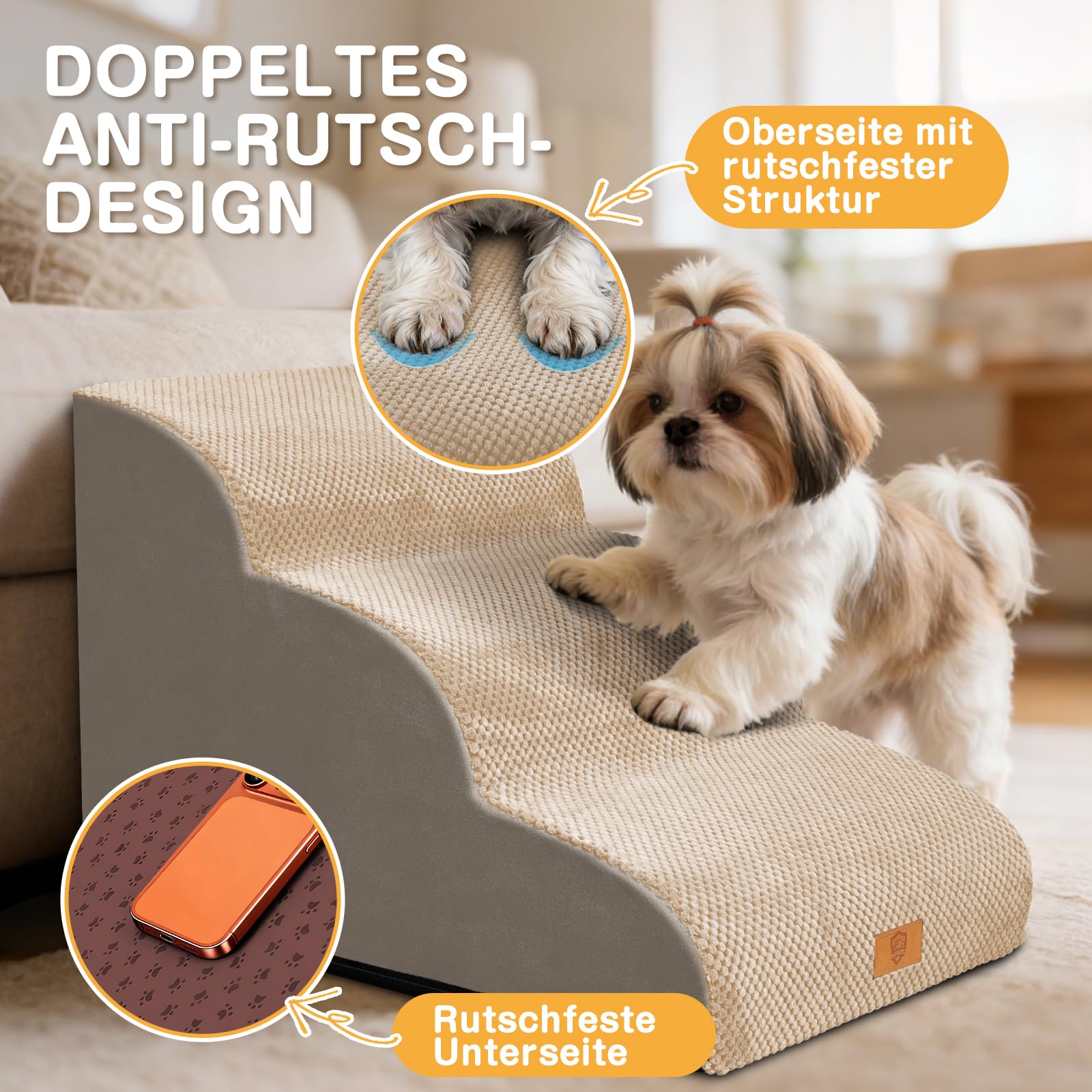 Escalera para perros pequeños, 3 niveles, lavable de esponja densa, impermeable y antideslizante, 60x40x40 cm