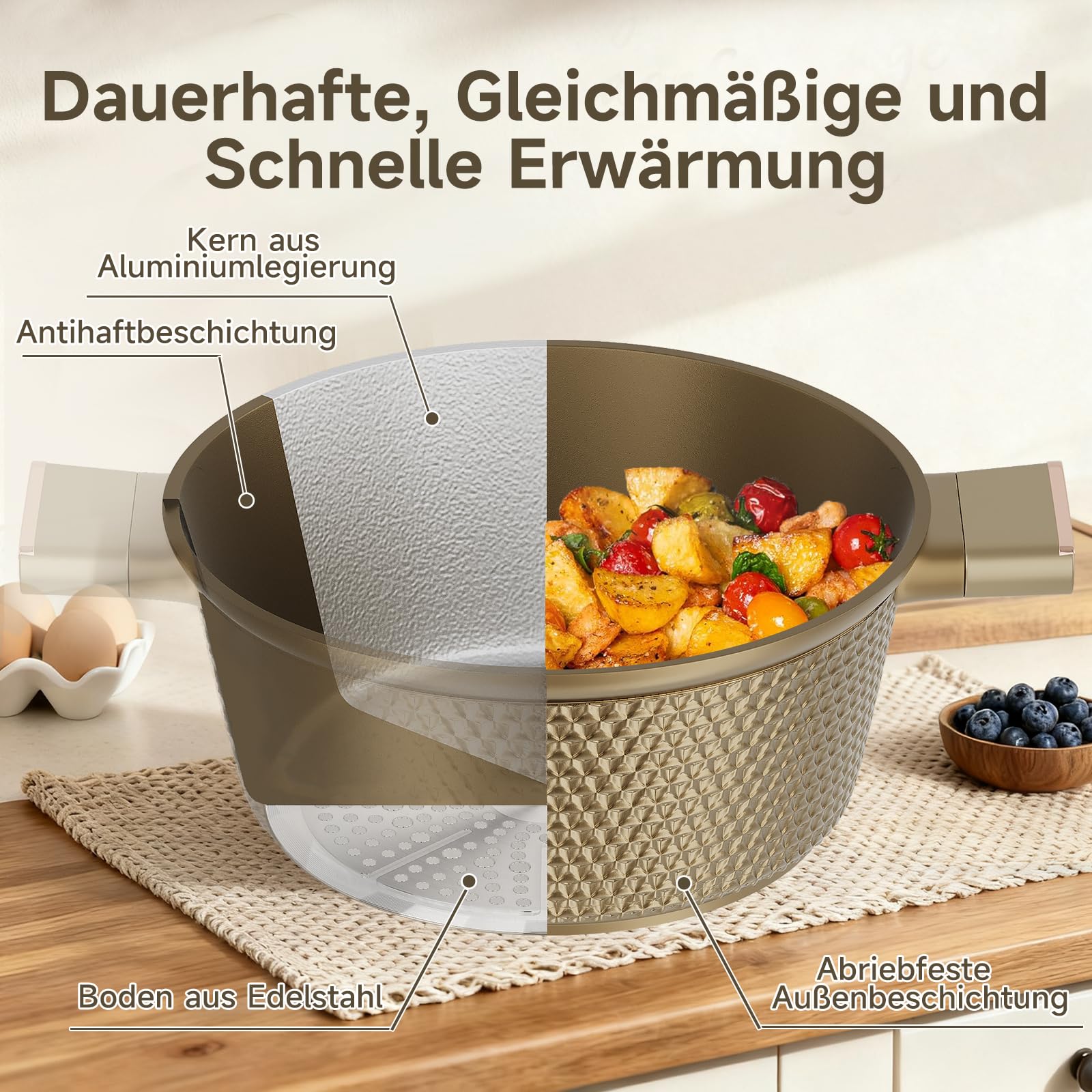 HOMELUX Topfset Induktion 8-teilig, Kochtopf Set mit Glasdeckel | 20/24/28/32cm Aluminiumguss, Antihaftbeschichtet, für Alle Herdarten, PFOA/PFOS-frei, Facettenoptik & Braun