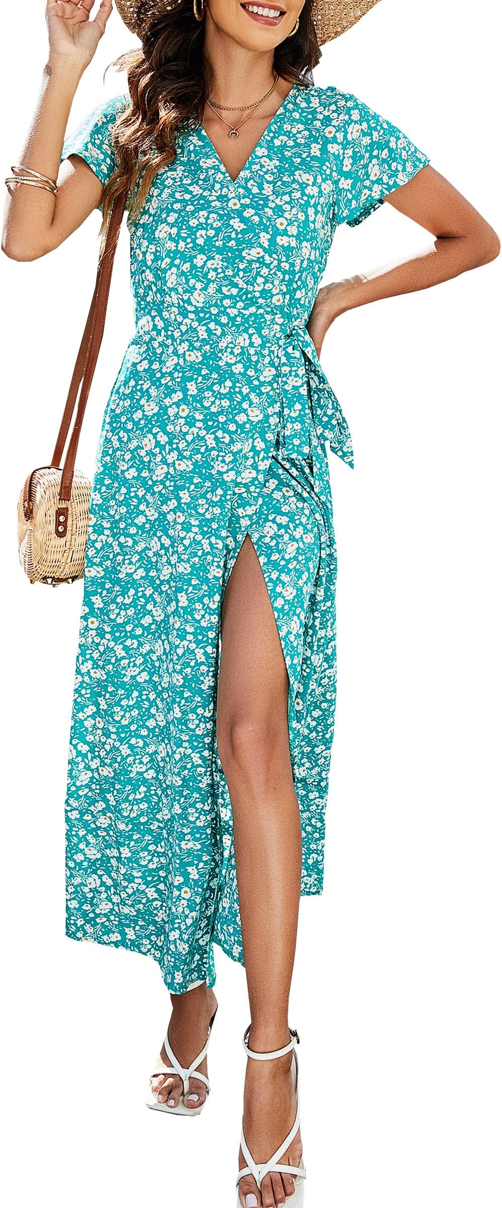 ECOWISH Women's Dresses Bohemian Wrap V Neck Short Sleeve Ethnic Style High Split Beach Maxi Dress