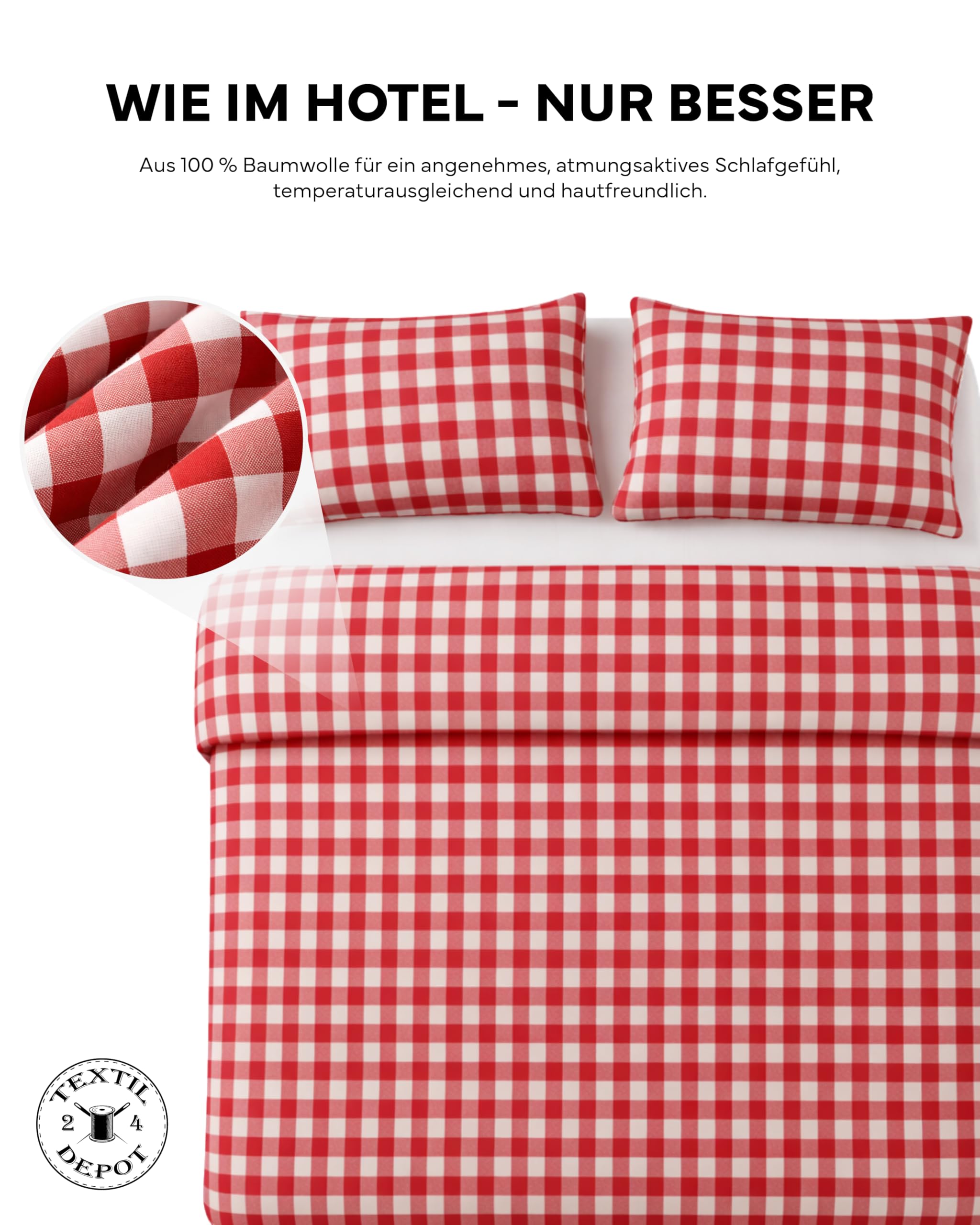 Landhaus Bettwäsche in rotem Karo 1x1 cm mit Hotelverschluss (Garnitur 135x200 cm + 80x80 cm)
