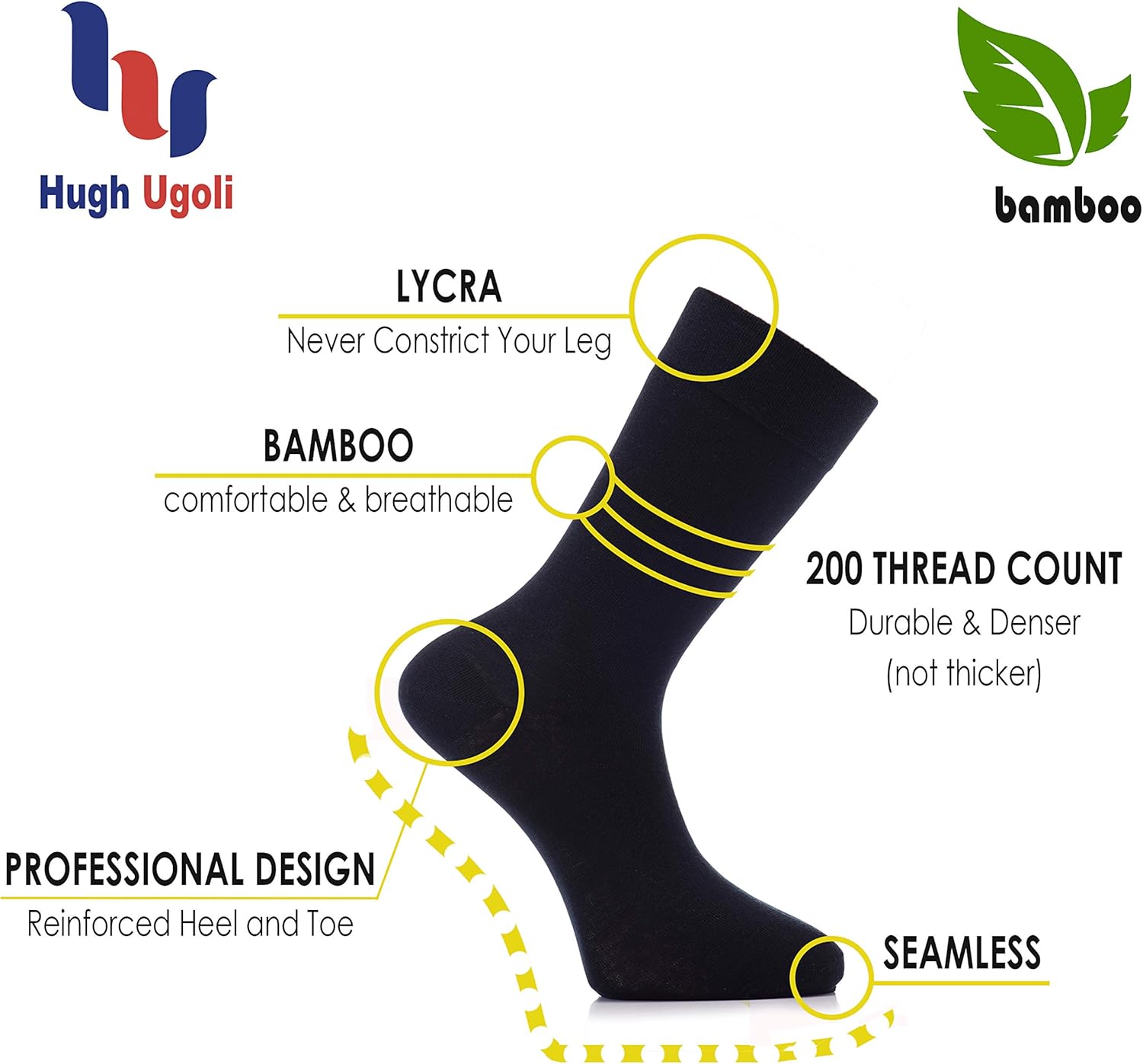 Hugh Ugoli Men's Rayon Derived from Bamboo Dress Socks for Business & Trouser, Thin & Seamless Crew Socks, 4 Pairs Size 8-12 - Image 4