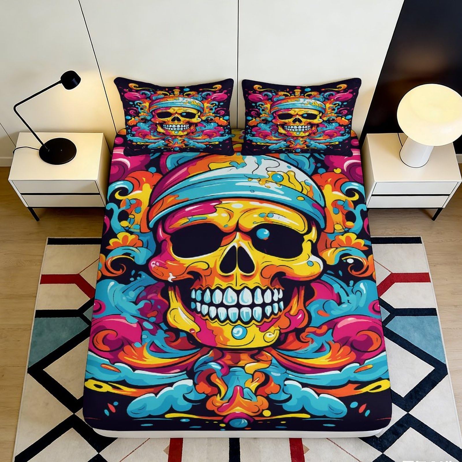 3D Printed Colorful Skull Fitted Sheet Microfiber Vibrant Art Mattress Cover for Bedroom Dorm Room Decor 120x200x25cm
