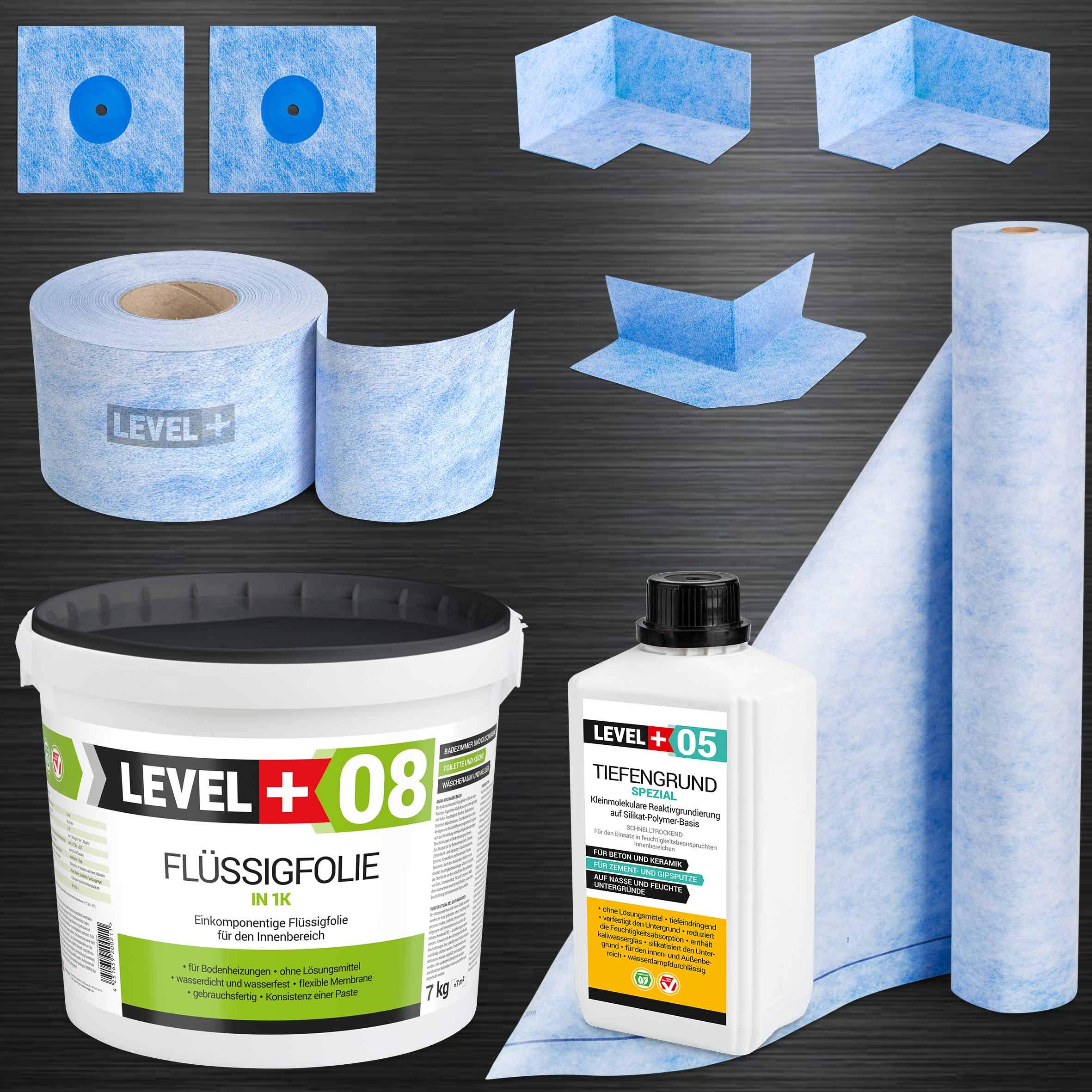 Set de sellado de ducha para baño 7 kg, lámina líquida impermeabilizante, 2 esquinas interiores, 1 esquina exterior, 2 manguitos de pared, banda de sellado de 5 m, 2 m de fondo de 1 L SET40