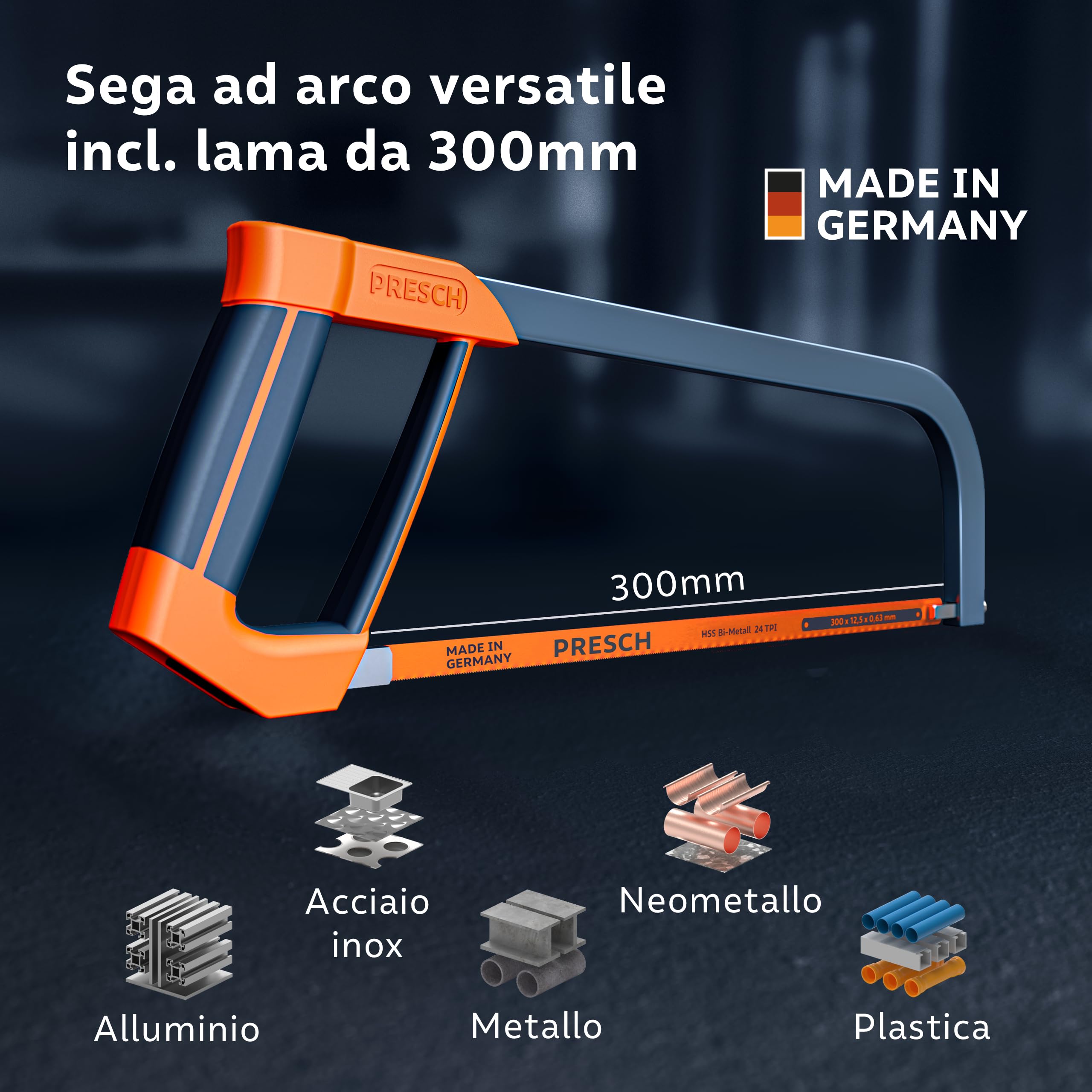 Presch Seghetto per metallo 300mm - Con lama in metallo BI per un taglio preciso - Rotazione della lama di 90° per tagli orizzontali e verticali - Manico ergonomico con chiave di tensione inclusa