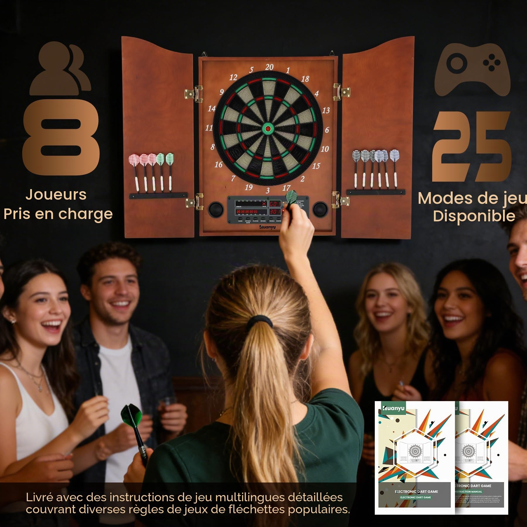Huanyu Cible électronique Ensemble de Cible LED pour Adultes avec 12 fléchettes à Pointe Souple pouvant accueillir jusqu'à 8 Joueurs, 25 Jeux, adapté aux salles de Jeux familiales et aux Jeux de Bar