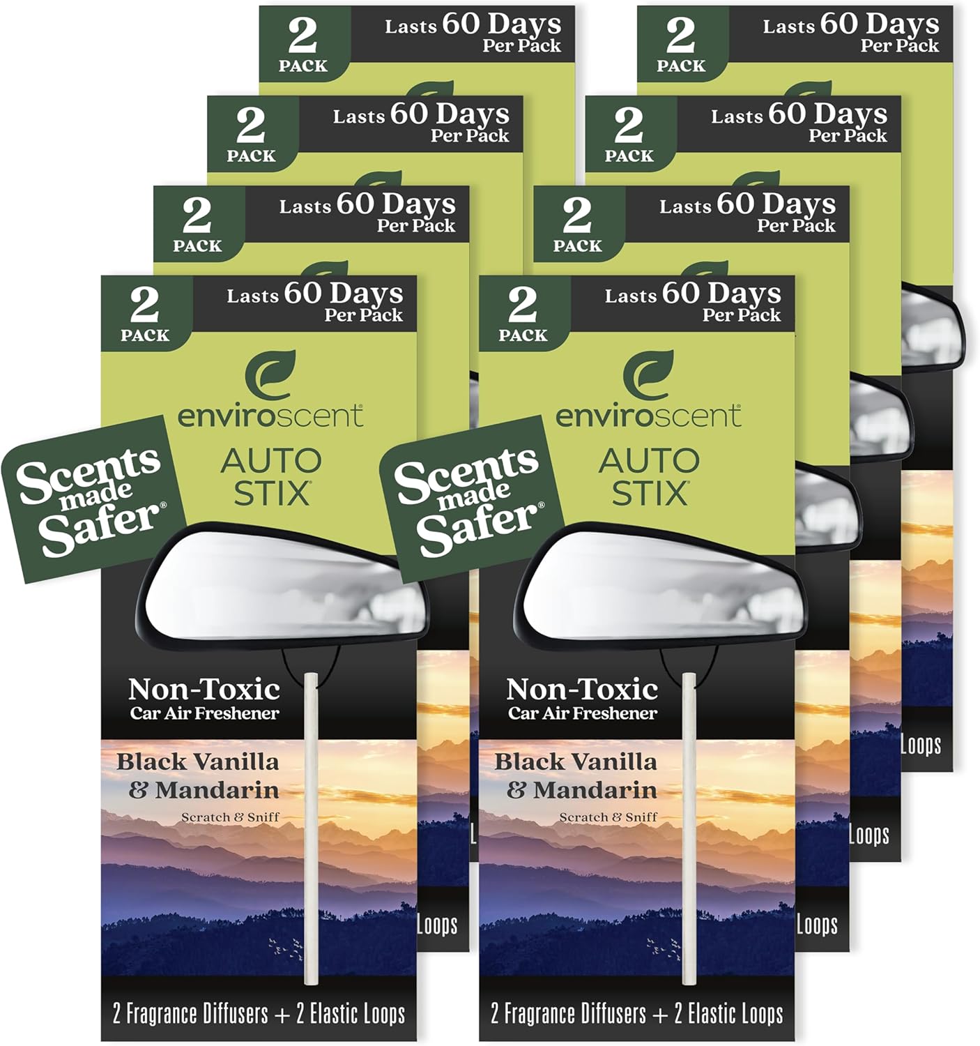 Enviroscent Non-Toxic* Car Air Freshener Auto Stix® - Scents Made Safer - Enjoy Fragrance Lasts Up to 480 Days - Includes Auto Stix® Diffusers & Elastic Loops - Black Vanilla & Mandarin (Pack of 8)