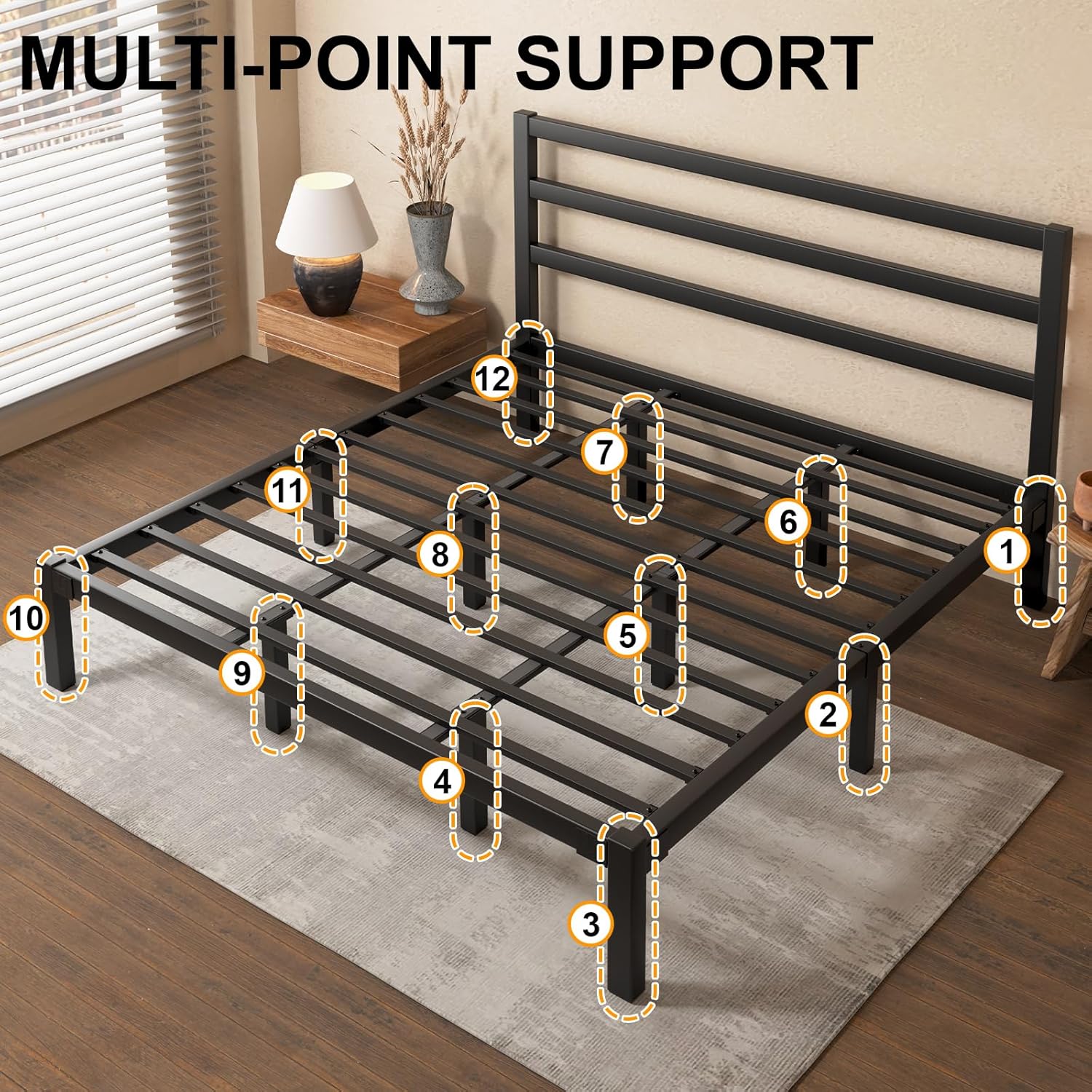 King Size Bed Frame, Metal Platform Bed Frame with Headboard, Mattress Foundation with Spacious Underbed Storage, No Box Spring Needed, Easy Assembly, Modern, Black