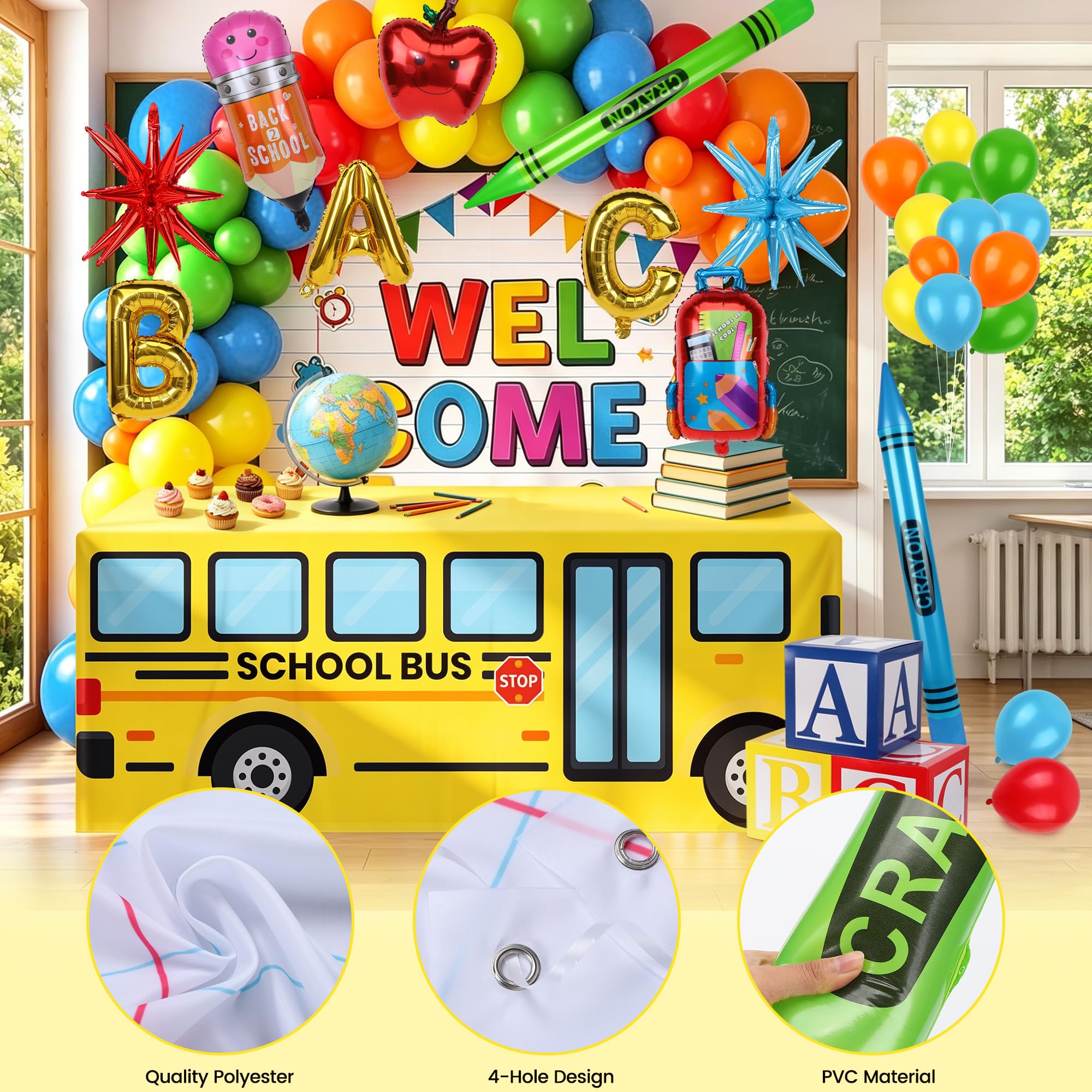 Aneco Kit de decoración de regreso a la escuela, kit de arco de guirnalda de globos con mantel de autobús escolar, cuaderno, telón de fondo, caja ABC inflable para aula, configuración del primer día