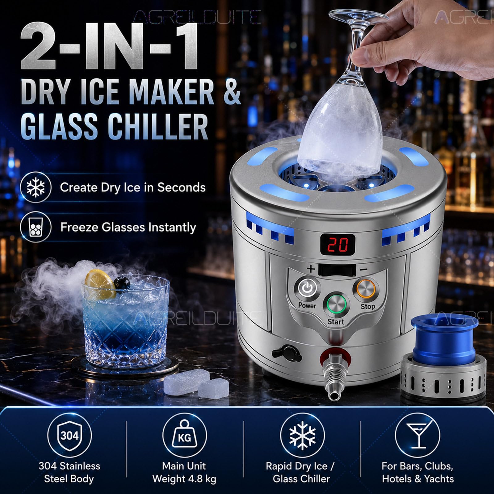 Enfriador de vidrio 2 en 1 de enfriamiento rápido y máquina de hielo seco, equipo profesional de bar para cócteles, cerveza, vino, exhibiciones de alimentos, eventos
