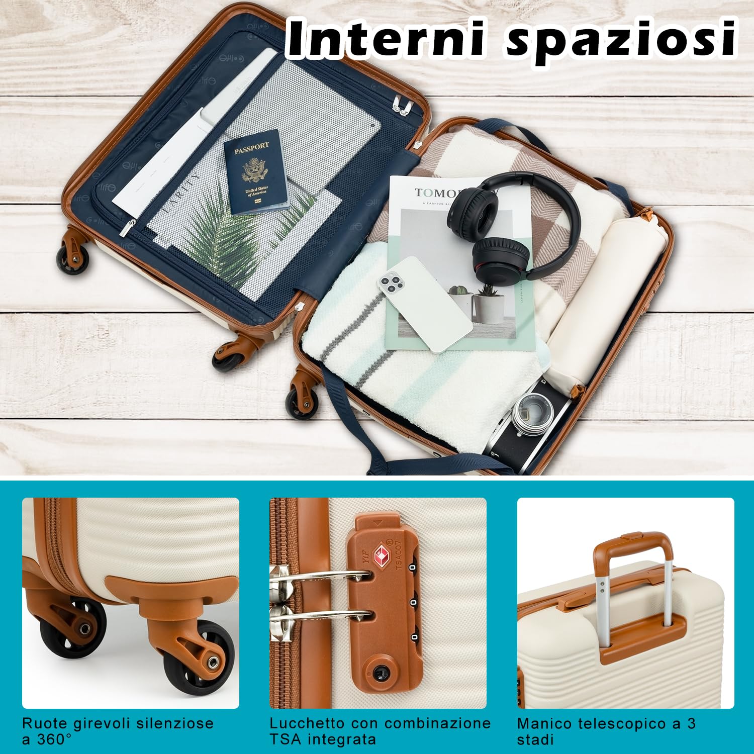 COOLIFE Trolley Bagaglio a Mano 55x40x20 Easyjet, Borsa da Viaggio 45x36x20 | Valigia per Viaggi Brevi, Leggera in ABS+PC, Lucchetto TSA, Cerniera YKK, Maniglia Telescopica, Ruote Girevoli a 360°