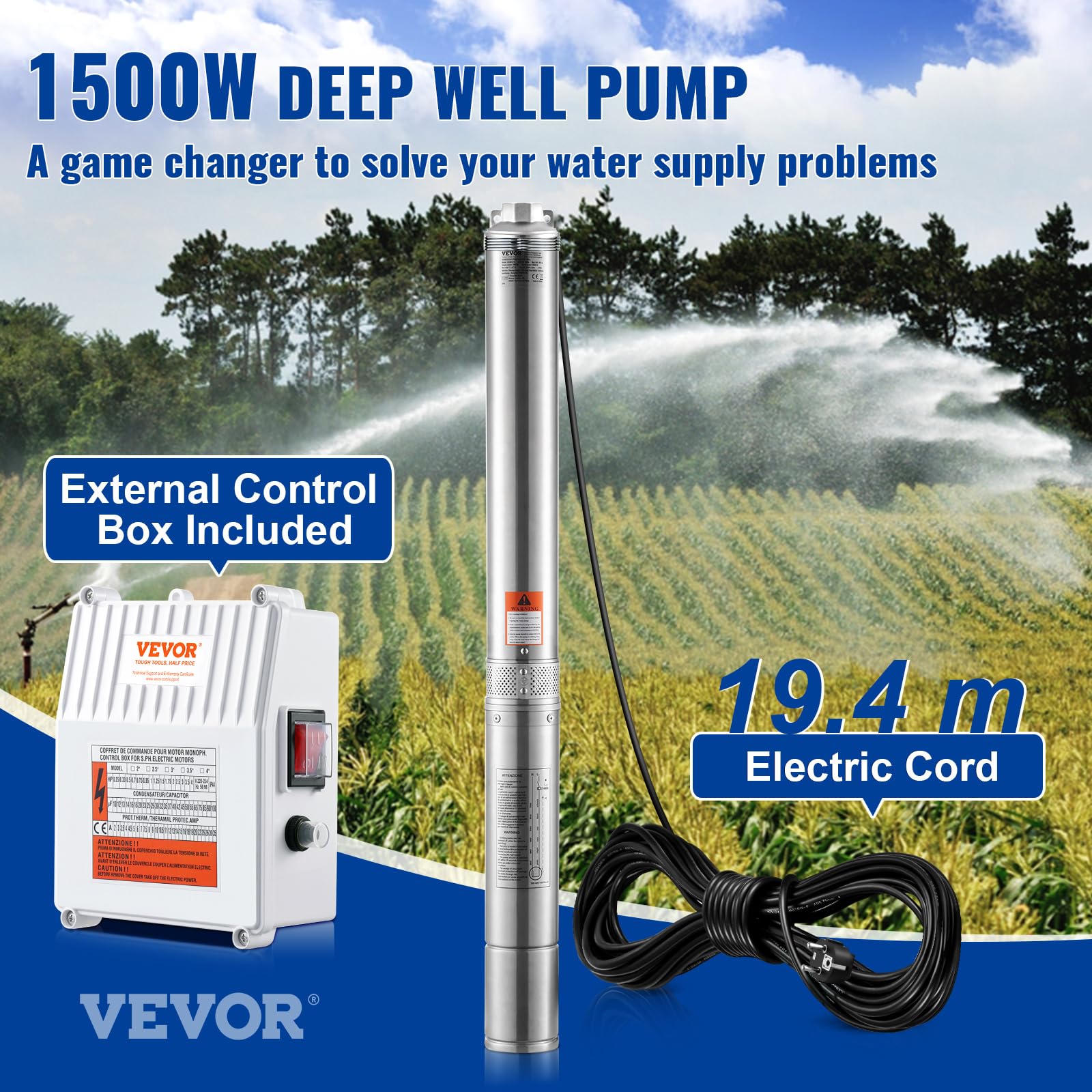VEVOR Pompa Sommergibile per Pozzi Profondi, IP68 1500 W 230 V 60 Hz, Massima Portata 9,8 m³/h Prevalenza 108 m, Cavo 19,4 m Scatola Controllo, Acciaio Inox per Irrigazione Industriale Uso Domestico