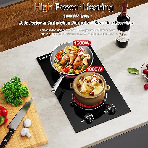 Miniatura 7 de Cocina eléctrica de 12 pulgadas, 2 quemadores, estufa de cerámica de 1800 W, enchufe de 120 V, 11 niveles de calor e indicador de calor residual,
