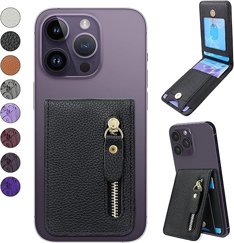 Lacass Tarjetero con cremallera y función atril para teléfono para la parte posterior del teléfono, adhesivo para iPhoneSamsungMotoBLUNokia y la