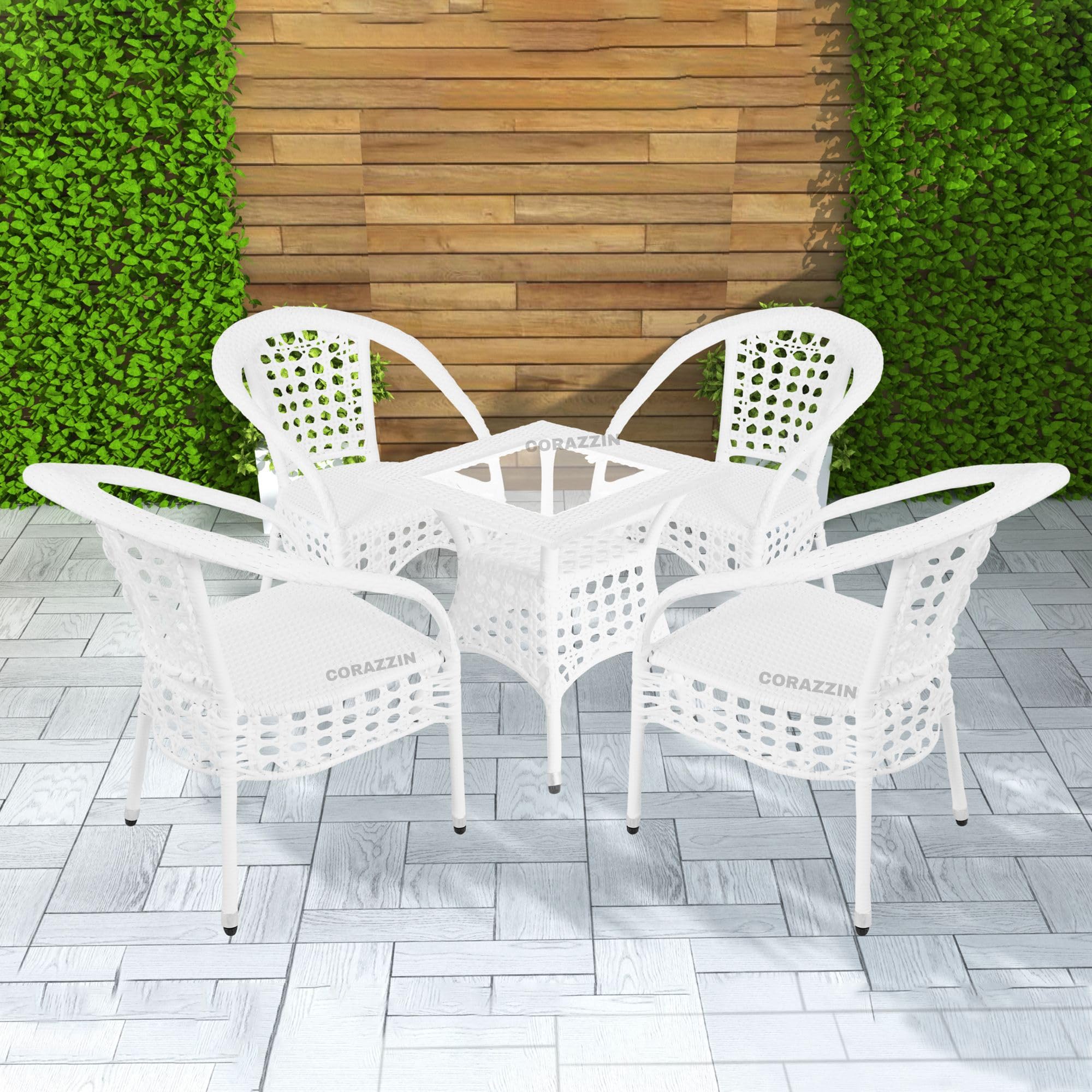 Rattan Wicker Square Patio Coffee Table with 4 Chairs Bistro Sets Outdoor Furniture Set for Garden Balcony Home Living Room (White)-image-2