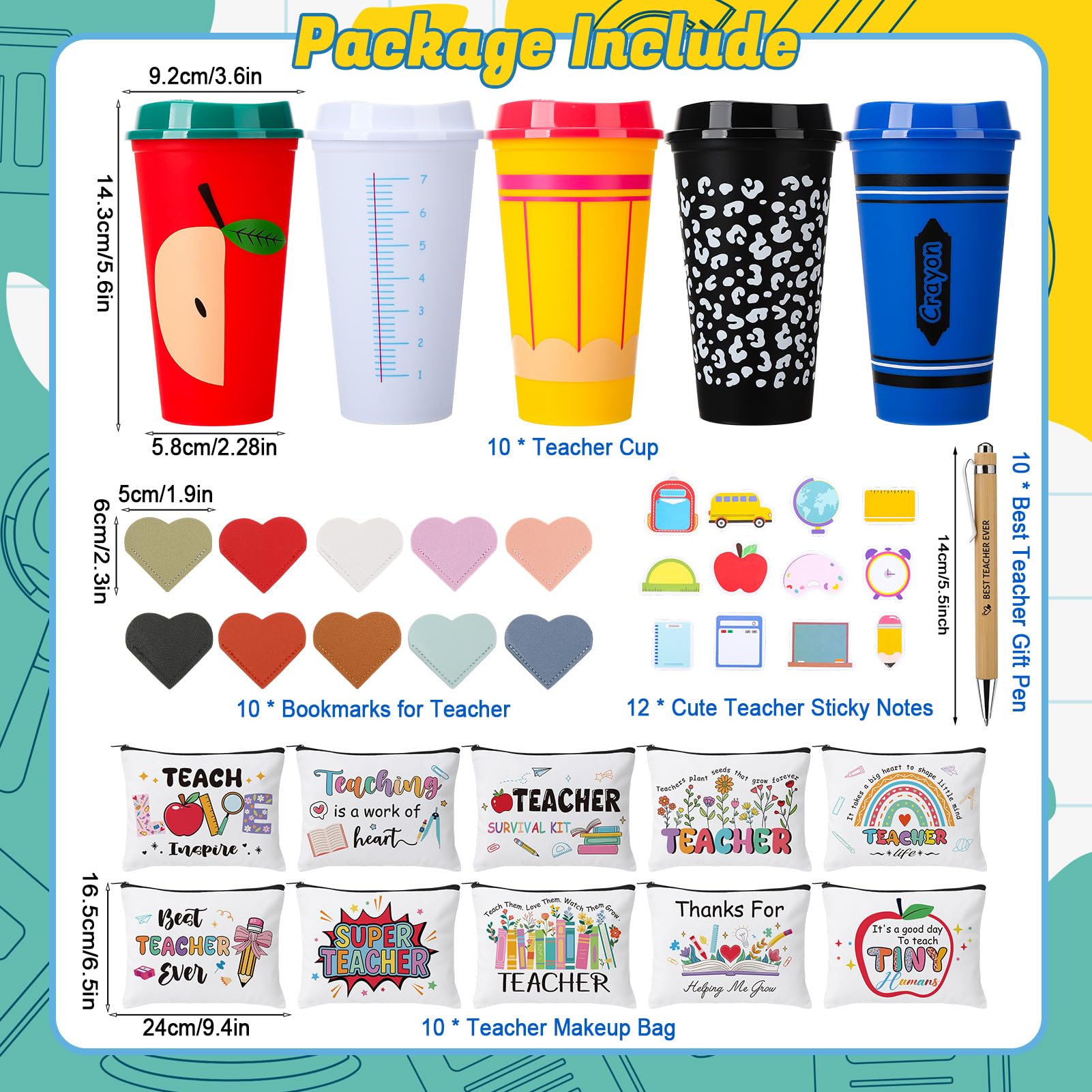 52 Pcs Teacher Appreciation Gifts Bulk 10 Set Thank You Teachers Gifts 16oz Plastic Cups with Lid Makeup Bags Bookmarks Pens Sticky Note Pads for Graduation Teacher’s Day Back to School