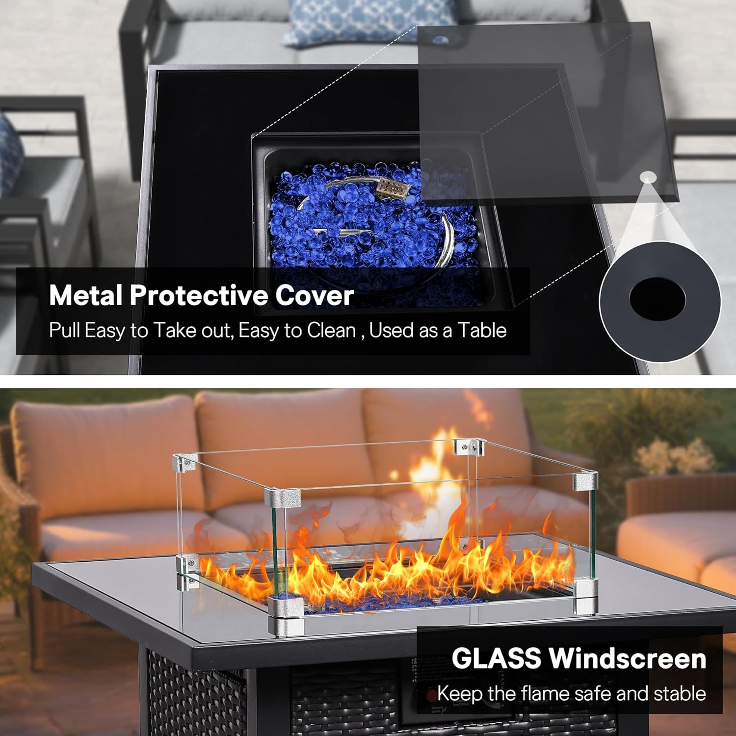 FHFO 28" Propane Fire Pit Table, Outdoor Square Fire pits with Cover,50,000 BTU Steel Gas Firepit, CSA Certified, Pulse Ignition,Glass Stone,Wind Guard, Ideal for Outdoor Patio, Outside, Dining-Black