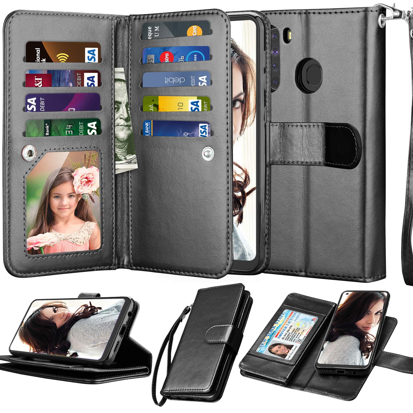 NJJEX Galaxy A21 Case, for Samsung Galaxy A21 Wallet Case 2020, [9 Card Slots] PU Leather ID Credit Holder Folio Flip [Detachable] Kickstand Magnetic Phone Cover & Lanyard for Samsung A21 [Black]