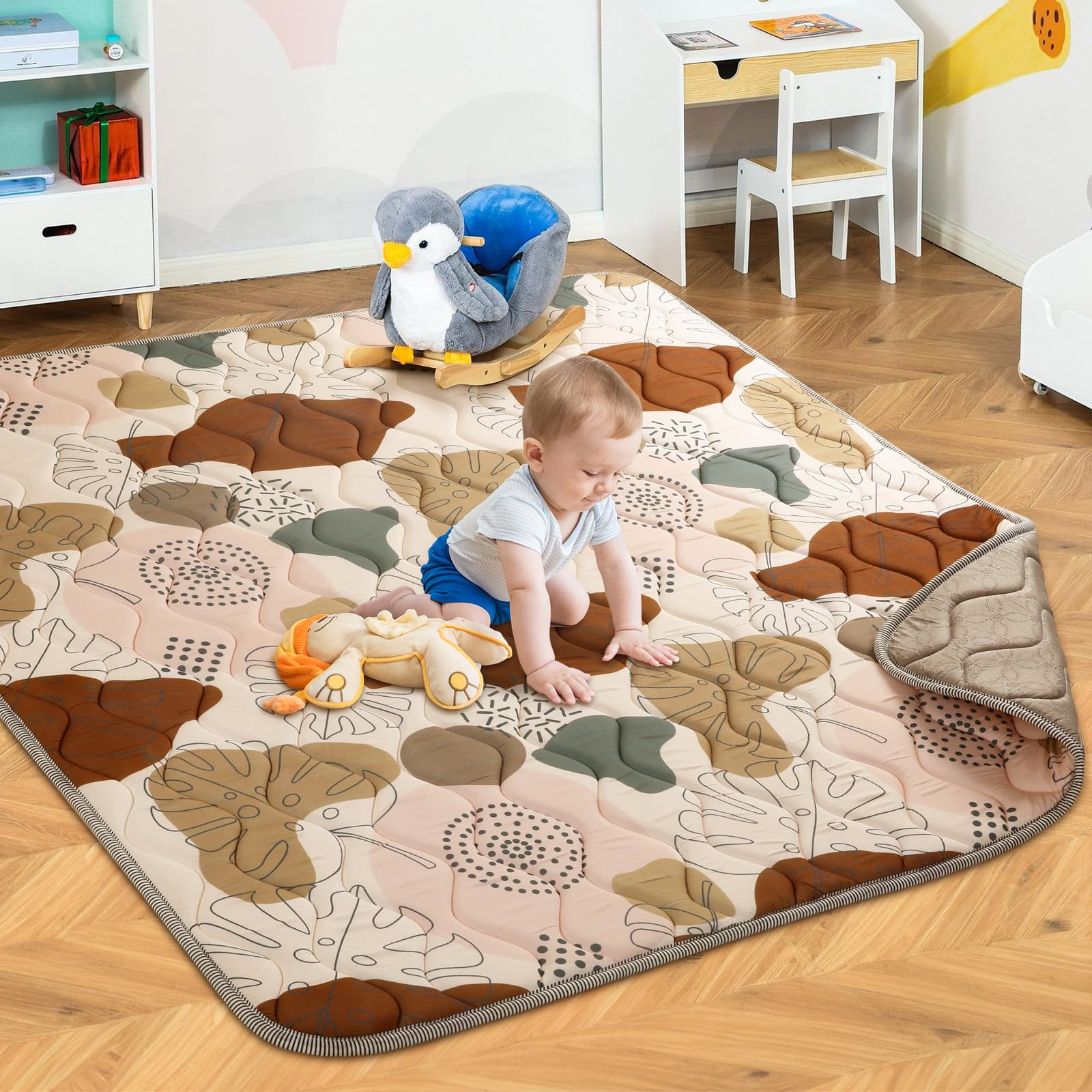 Baby Spielmatte 127x127cm Krabbelmatte, Dicke Weiche Polsterschaum Krabbeldecke für Babys und Kleinkinder, Anti Rutsch Matte Faltbare & Maschinenwaschbare Baby Spieldecke für Laufgitter, Boho