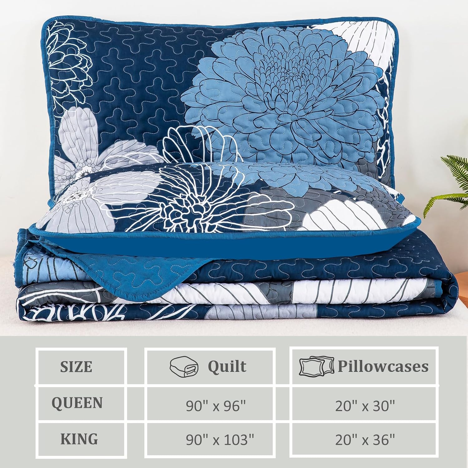 Navy Blue Floral Quilts Set King Size - 3 Pieces Reversible Boho Flower Navy Quilt Coverlet Bedding Set with 2 Pillowcases, All Season Lightweight Quilted Flowers Pattern Bedspreads (104"x 96") - Image 6