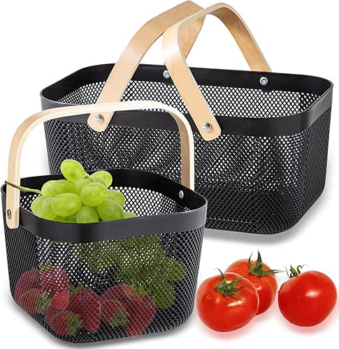 2 Pack Plastic Picnic Baskets, Mesh Harvest Basket with Foldable
