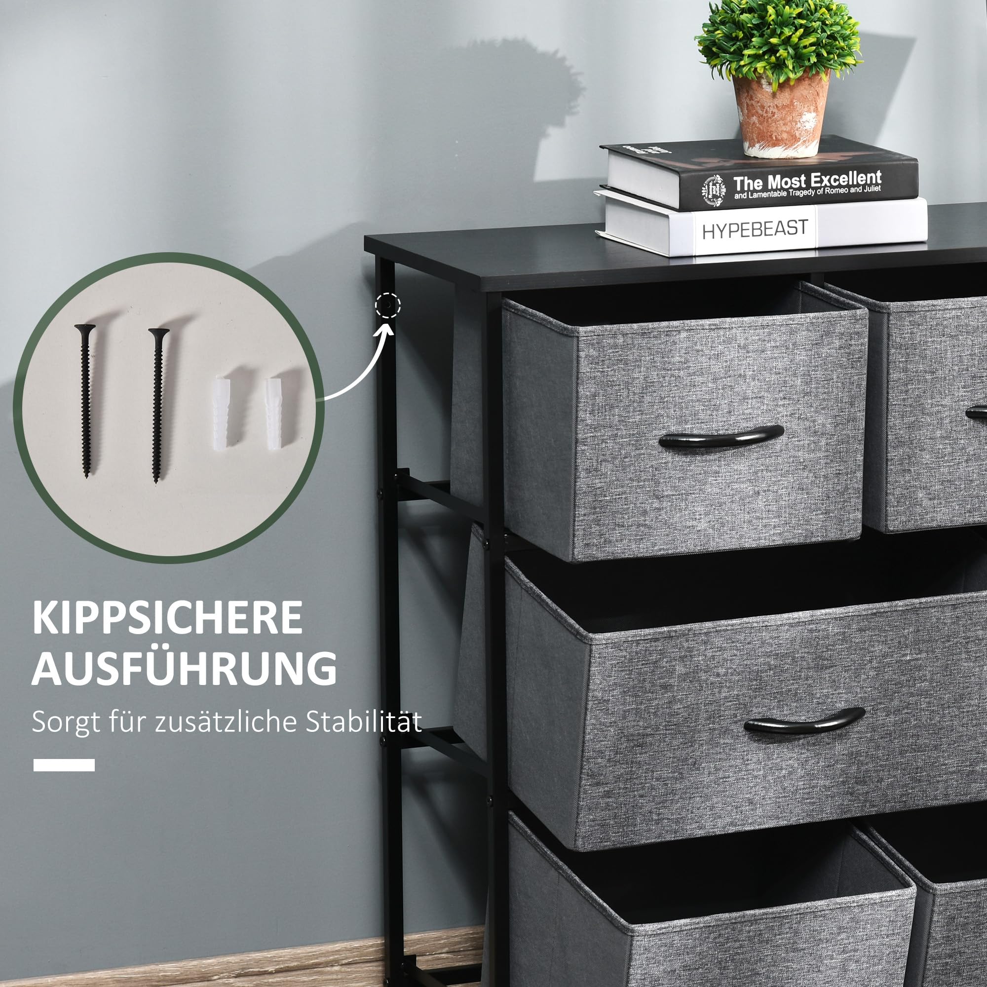 HOMCOM Komoda z 8 szufladami z materiału, szafka do przechowywania, szafka na komodę z uchwytami, metalowy stelaż, nowoczesny design, szafka do sypialni, salonu, ciemnoszara