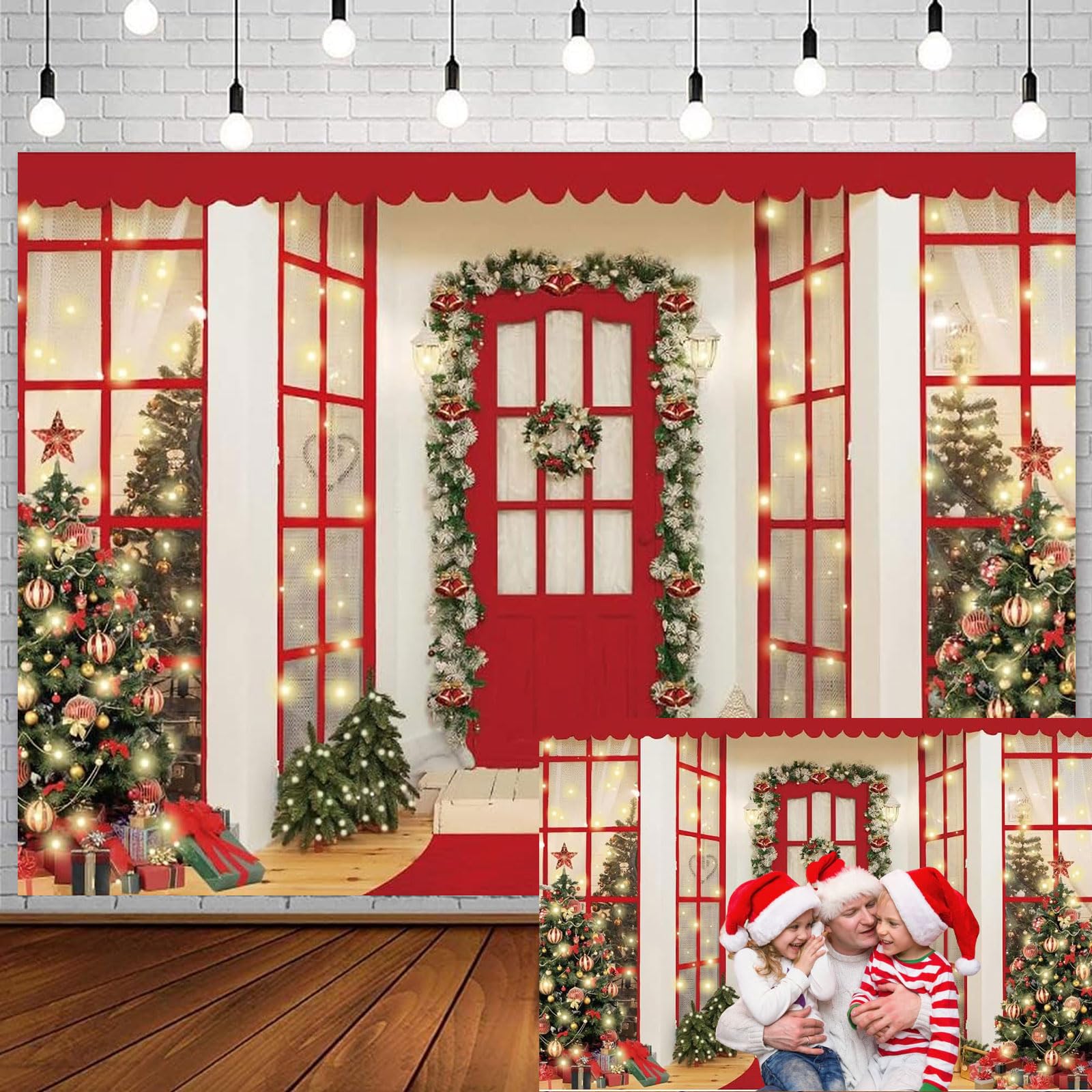 Yeele 10x8ft Red Door Backdrop Christmas Happy New Year Party Decorations for Family Event Photography Background Xmas Bling Shining Lights Vinyl Wall